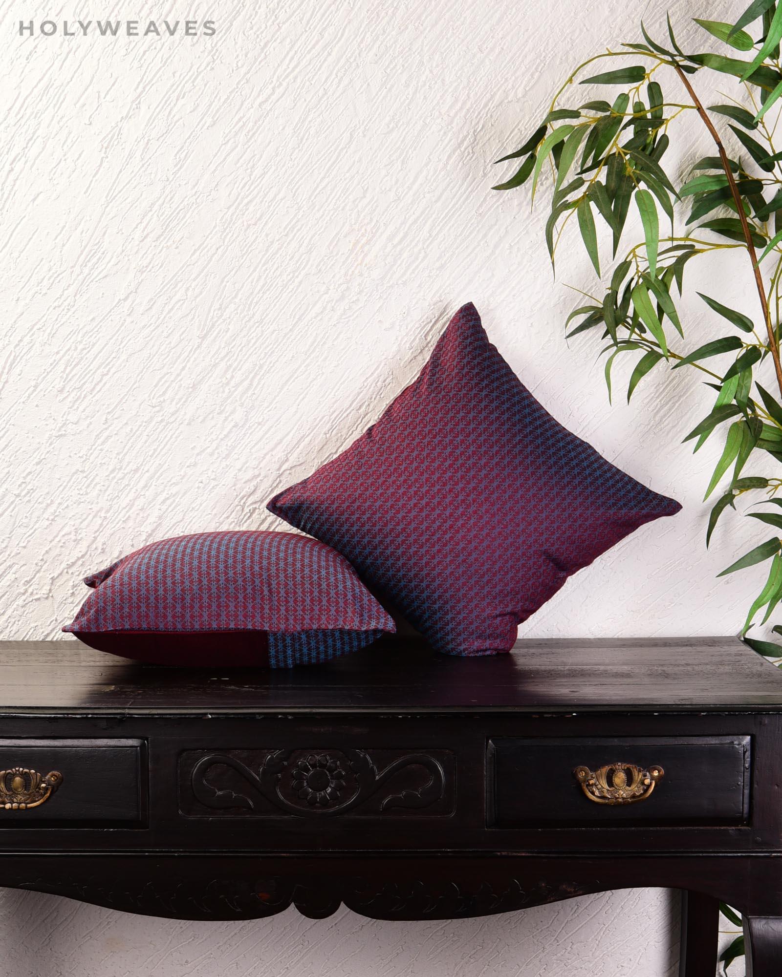 Blue Banarasi Tanchoi Poly Cotton Cushion Cover 16" - By HolyWeaves, Benares