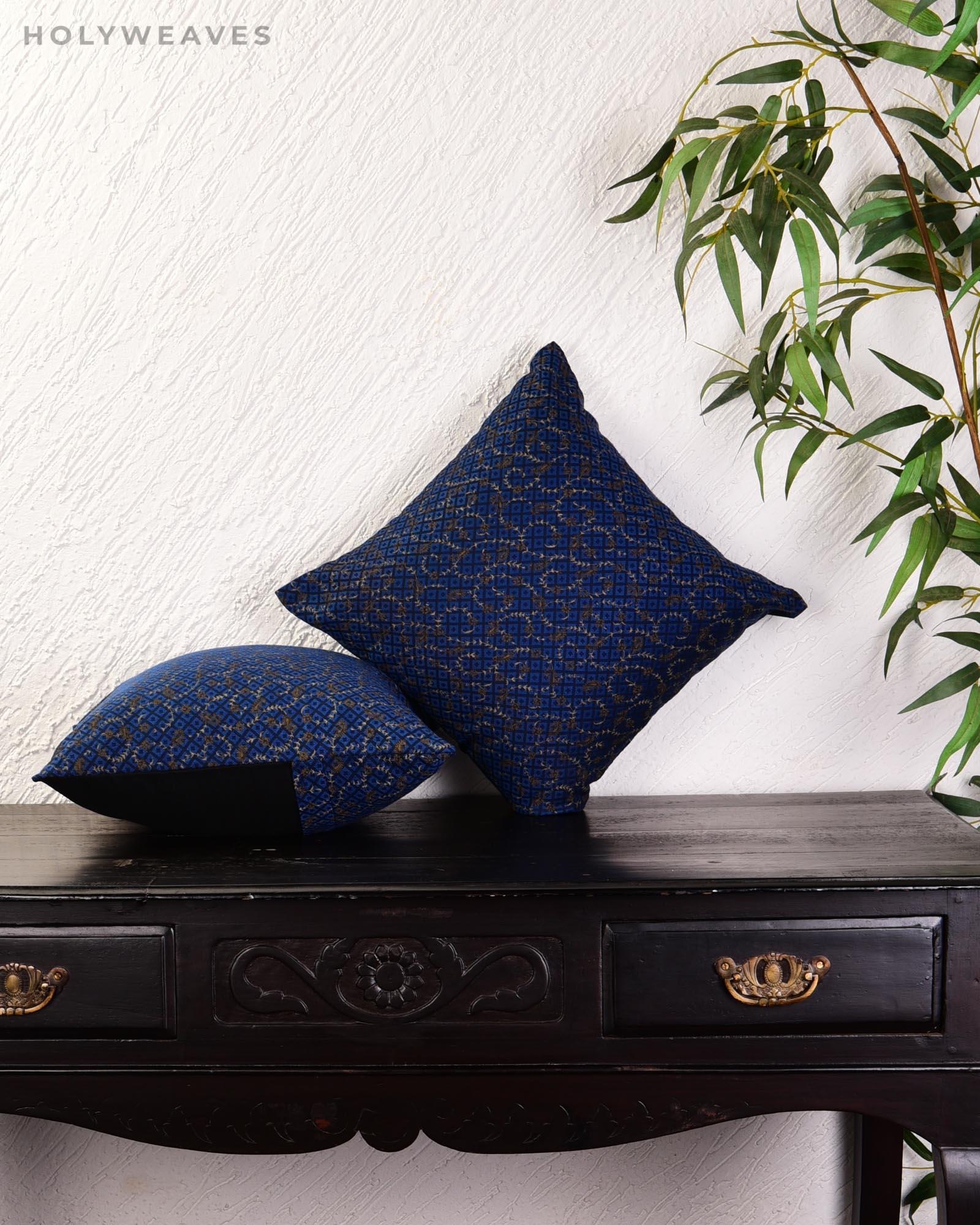 Blue Banarasi Tanchoi Poly Cotton Cushion Cover 16" - By HolyWeaves, Benares
