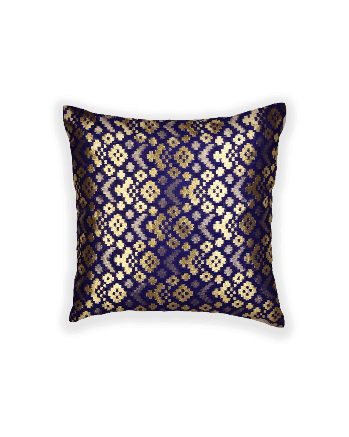 Blue Brocade Woven Poly Silk Cushion Cover with Satin Back 16" - By HolyWeaves, Benares