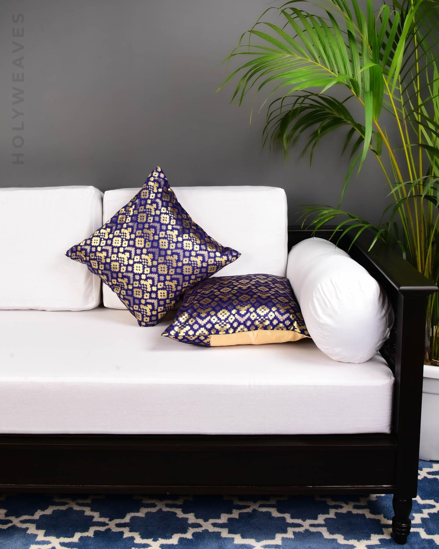 Blue Brocade Woven Poly Silk Cushion Cover with Satin Back 16" - By HolyWeaves, Benares