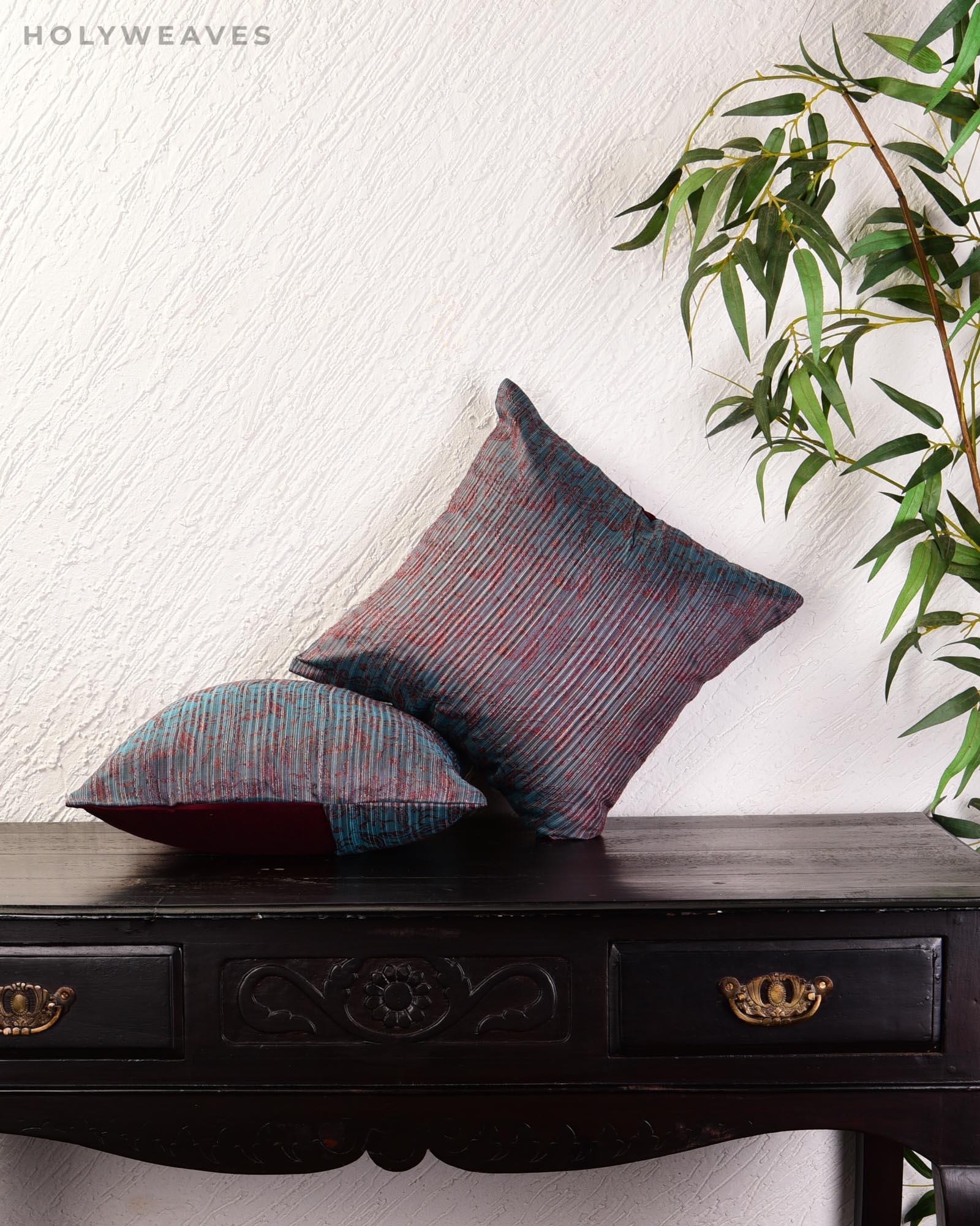 Blue-Gray Banarasi Jharna Tanchoi Poly Cotton Cushion Cover 16" - By HolyWeaves, Benares