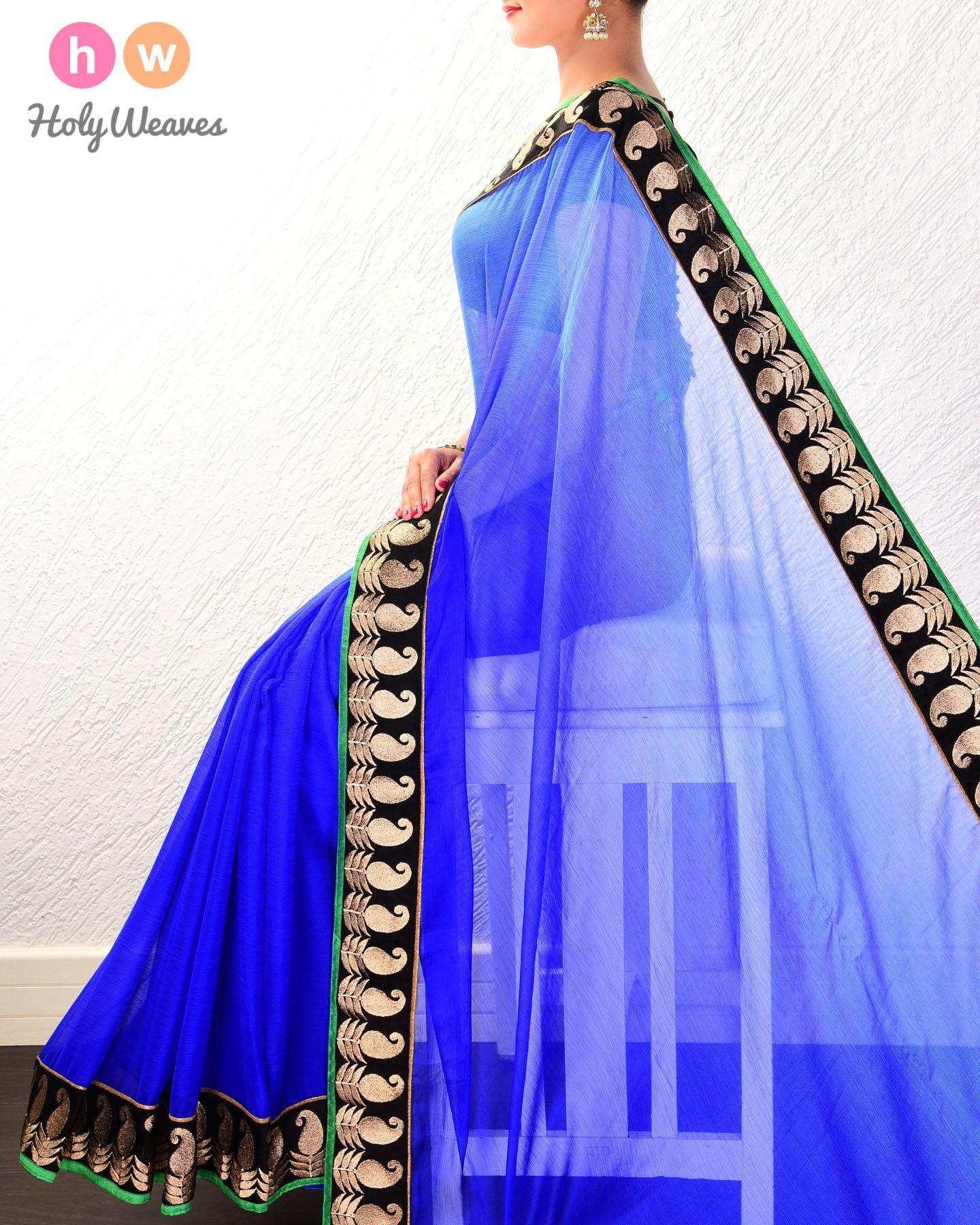 Blue Hand-embroidered Georgette Saree - By HolyWeaves, Benares