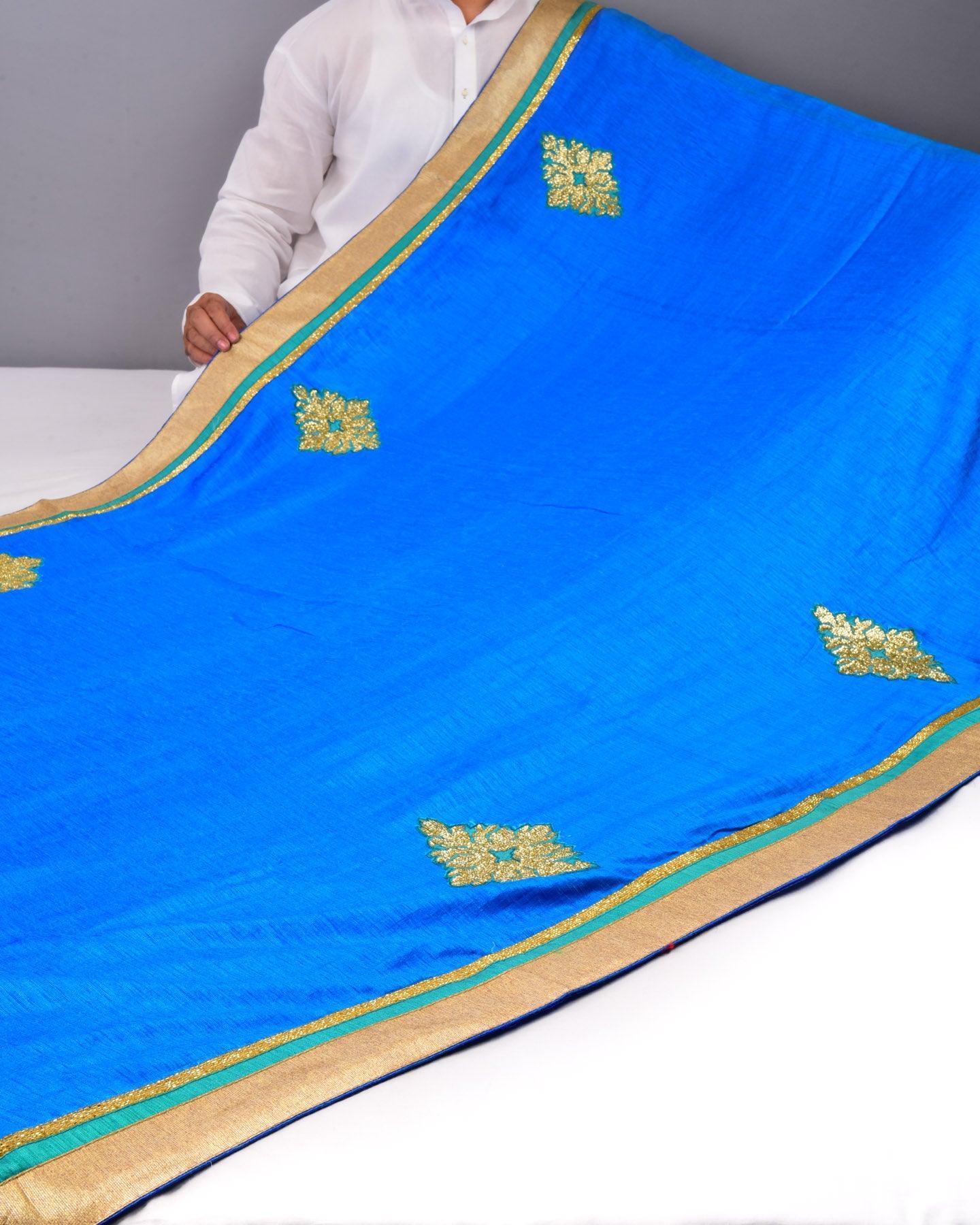 Blue Raw Silk Embroidered Saree - By HolyWeaves, Benares