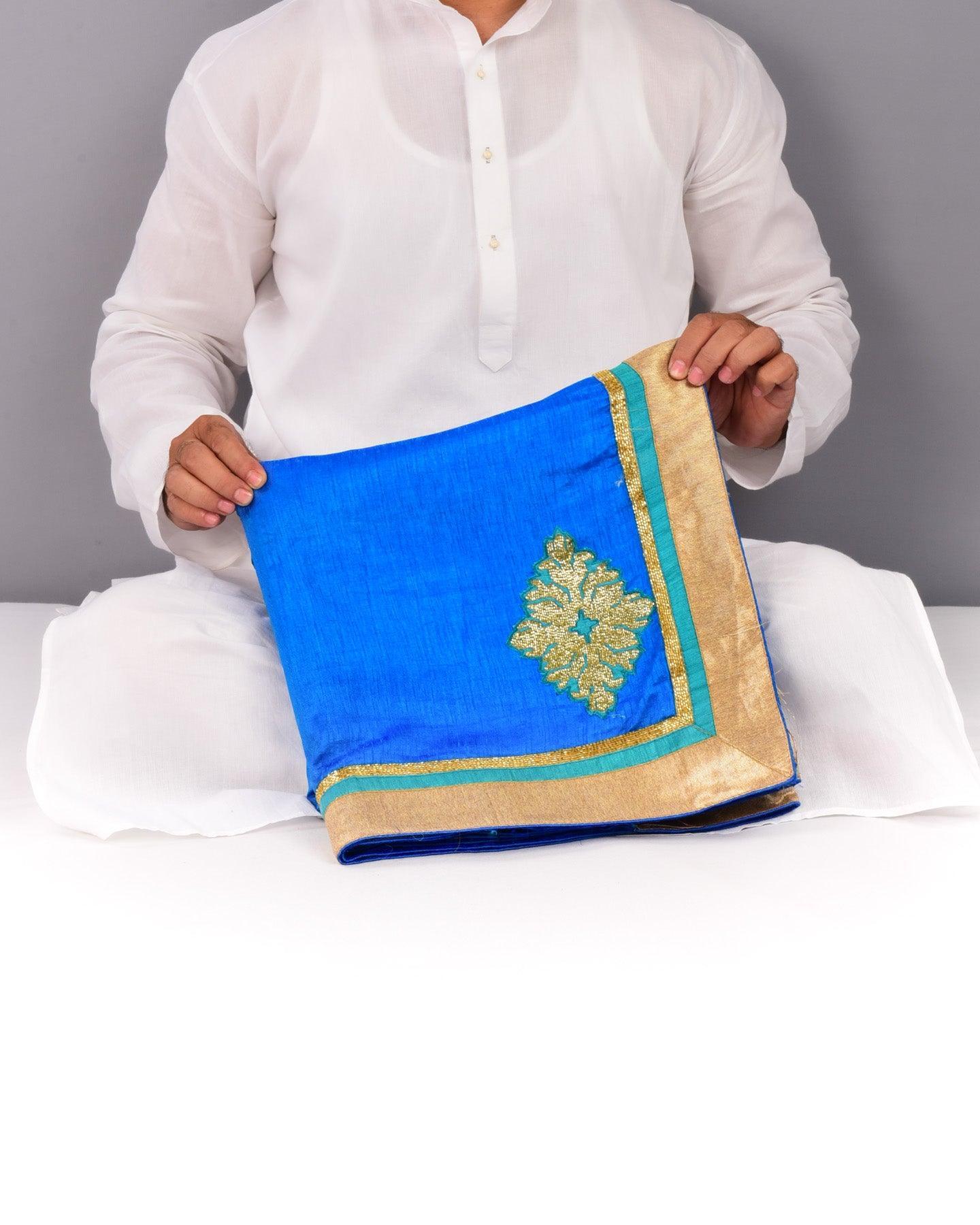 Blue Raw Silk Embroidered Saree - By HolyWeaves, Benares