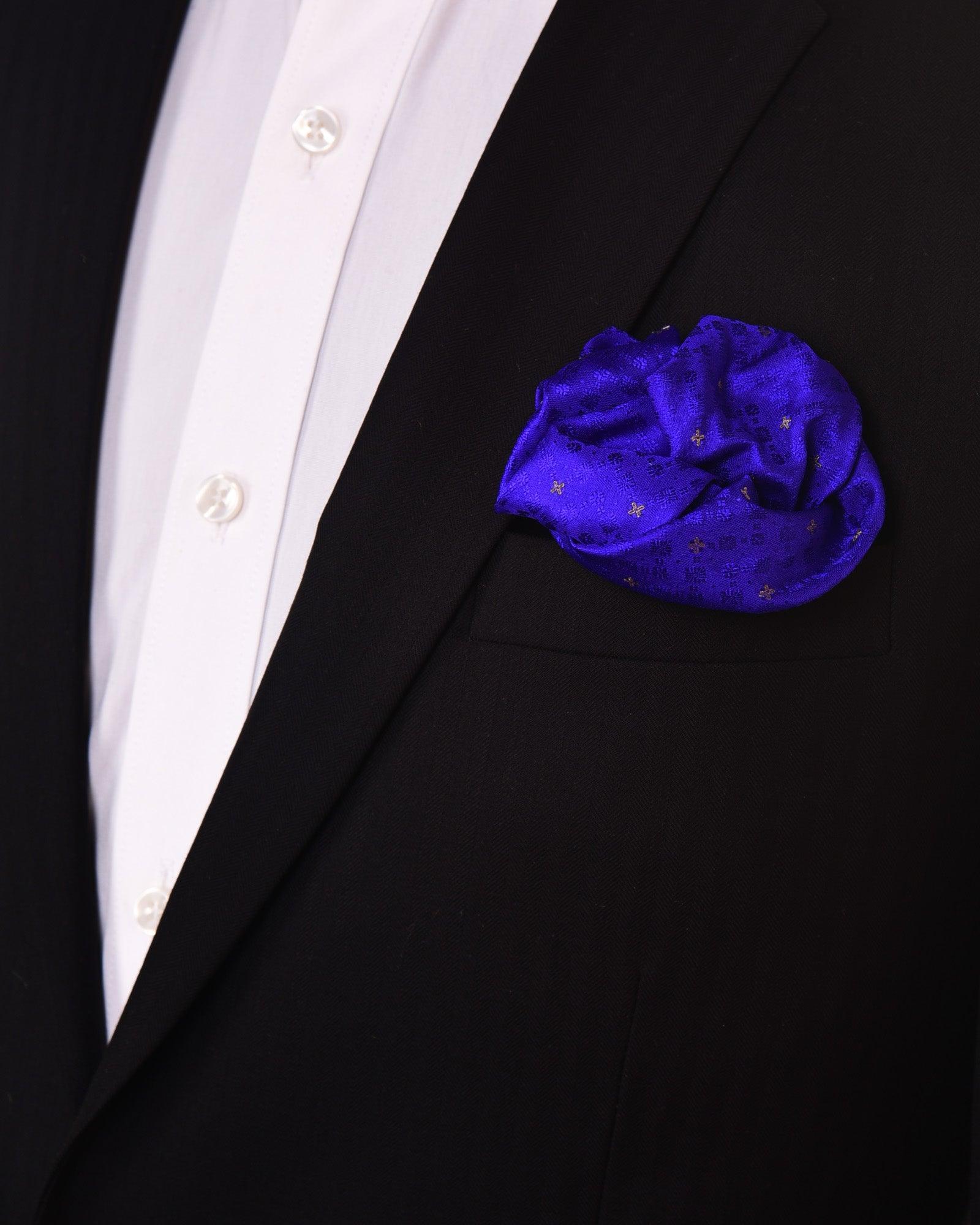 Blue Tanchoi Brocade with Zari Accents Handwoven Pure Silk Pocket Square For Men - By HolyWeaves, Benares