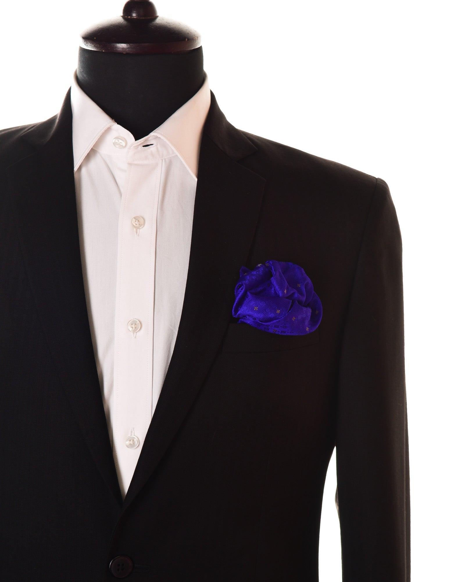 Blue Tanchoi Brocade with Zari Accents Handwoven Pure Silk Pocket Square For Men - By HolyWeaves, Benares