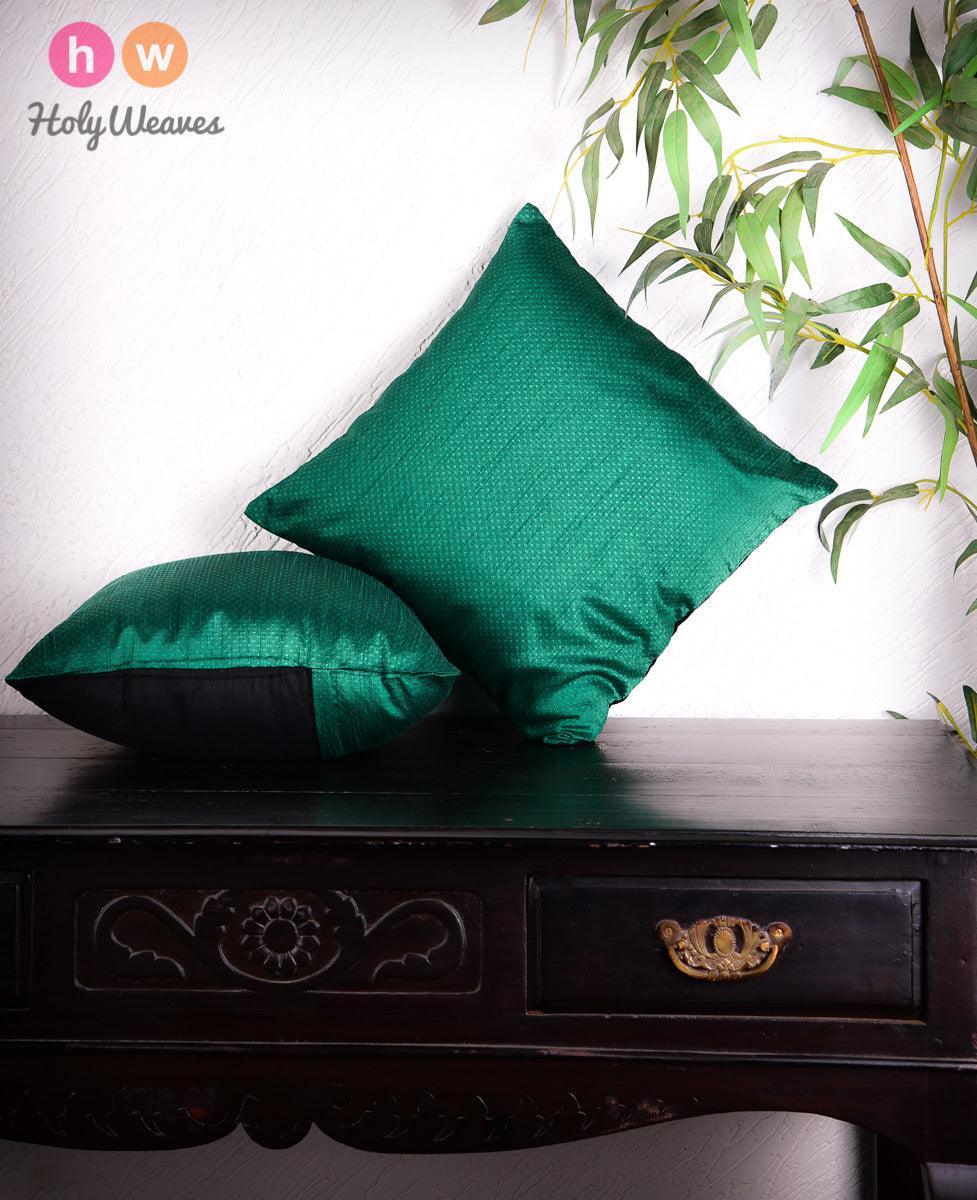 Bottle Green Banarasi Jacquard Poly Dupion Cushion Cover 16" - By HolyWeaves, Benares