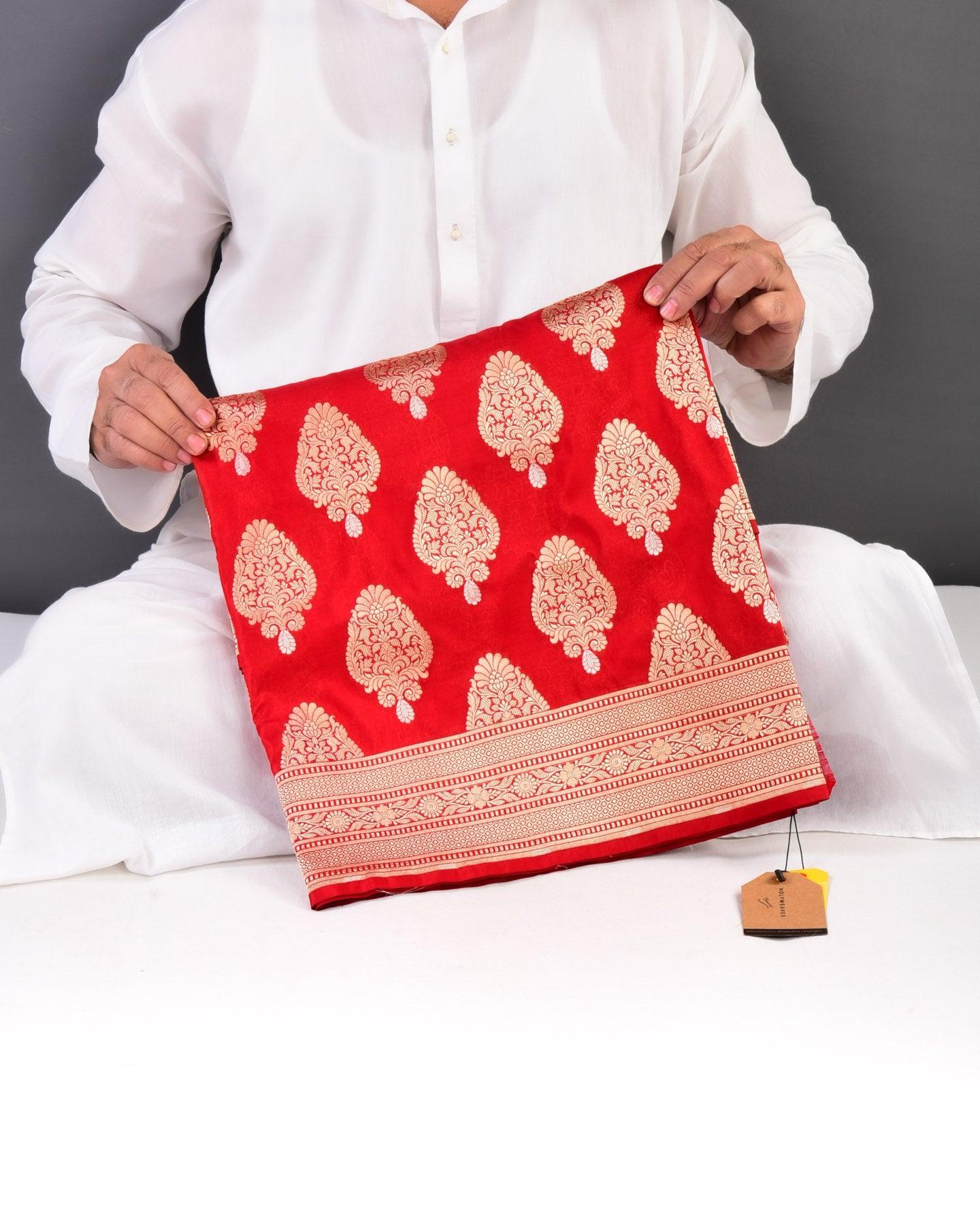 Bridal Red Banarasi Alfi Sona Rupa Buta Cutwork Brocade Handwoven Katan Silk Saree - By HolyWeaves, Benares