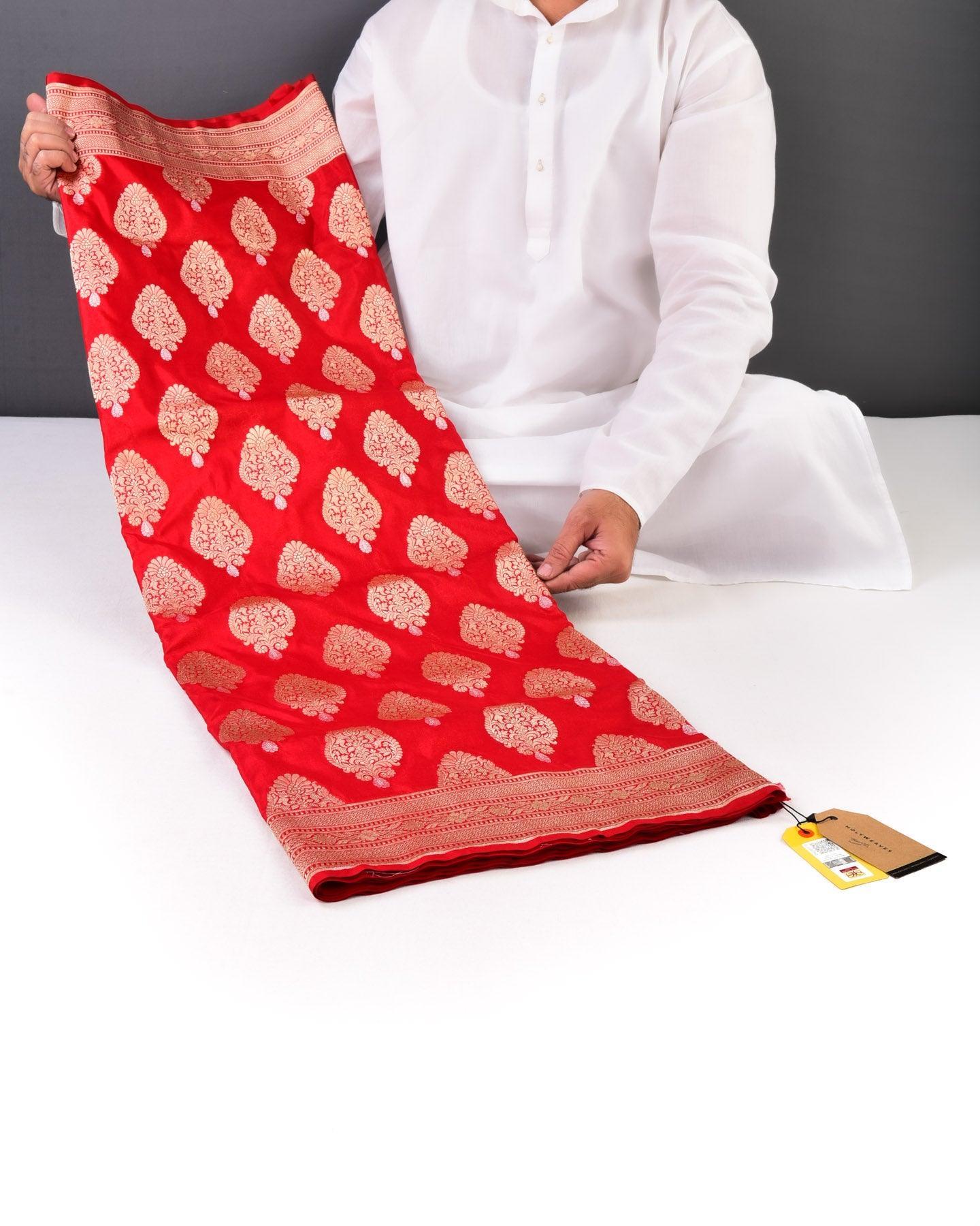 Bridal Red Banarasi Alfi Sona Rupa Buta Cutwork Brocade Handwoven Katan Silk Saree - By HolyWeaves, Benares