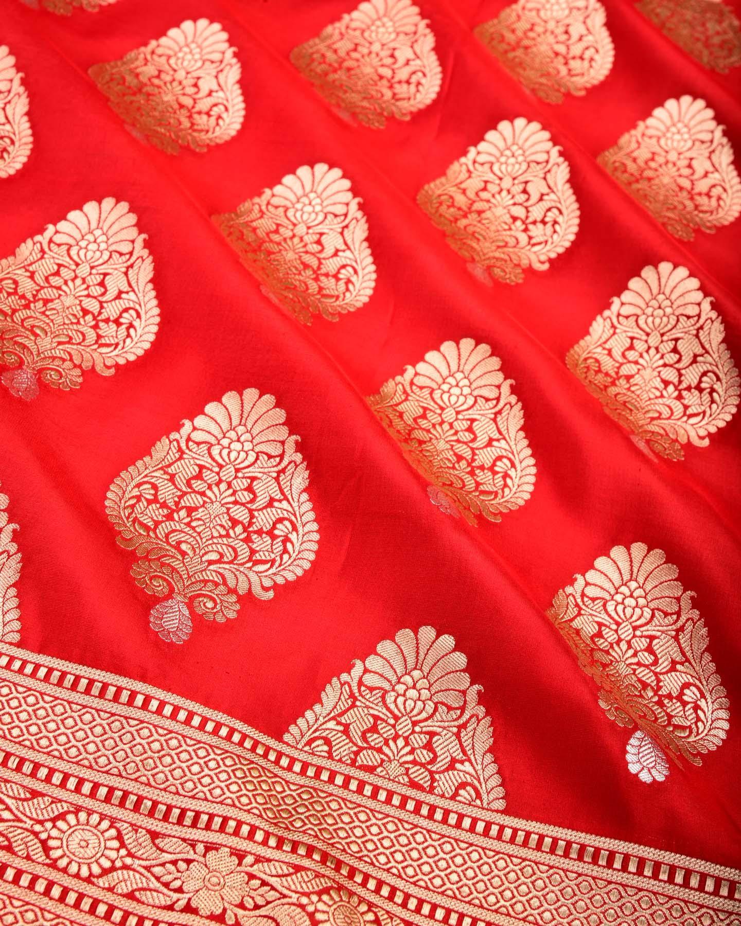 Bridal Red Banarasi Alfi Sona Rupa Buta Cutwork Brocade Handwoven Katan Silk Saree - By HolyWeaves, Benares