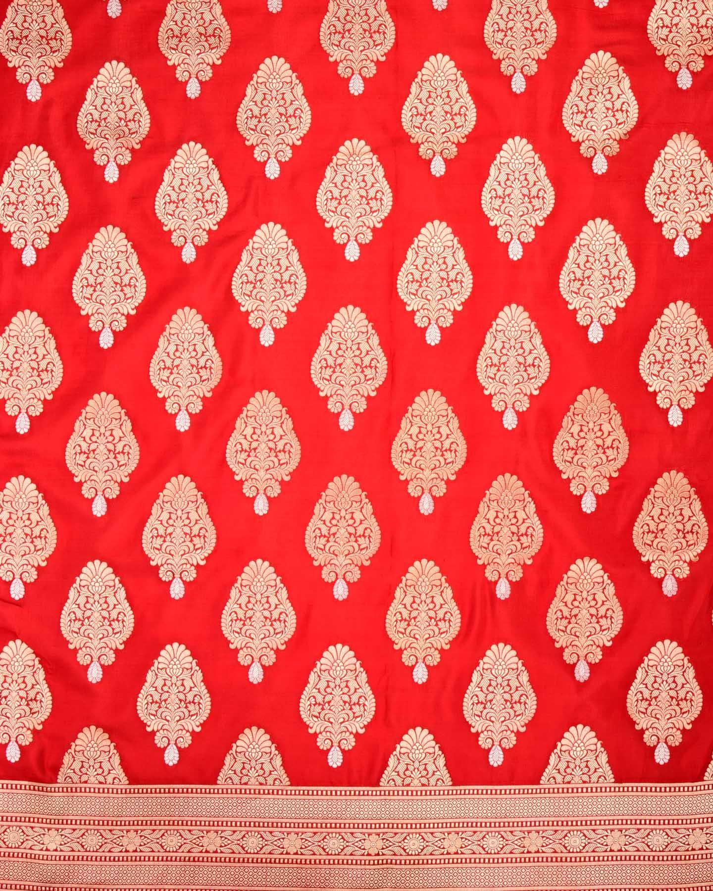 Bridal Red Banarasi Alfi Sona Rupa Buta Cutwork Brocade Handwoven Katan Silk Saree - By HolyWeaves, Benares