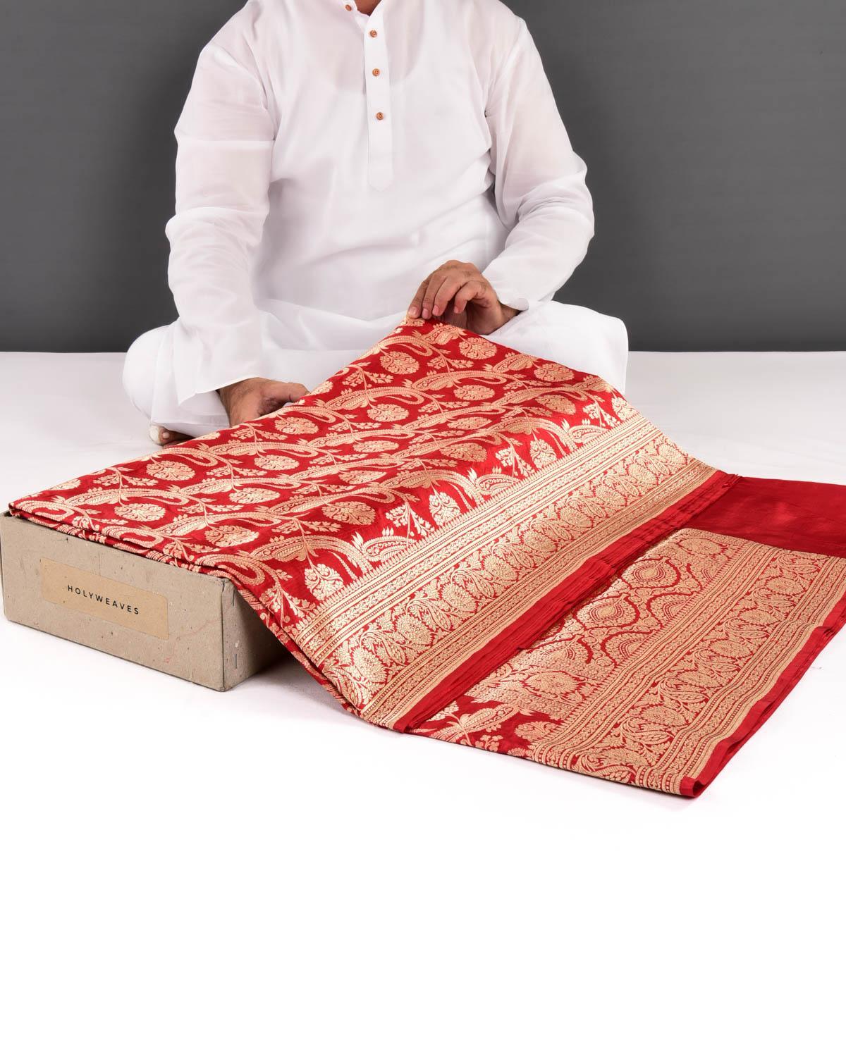 Bridal Red Banarasi Diagonal Paisleys Gold Zari Cutwork Brocade Handwoven Katan Silk Saree - By HolyWeaves, Benares