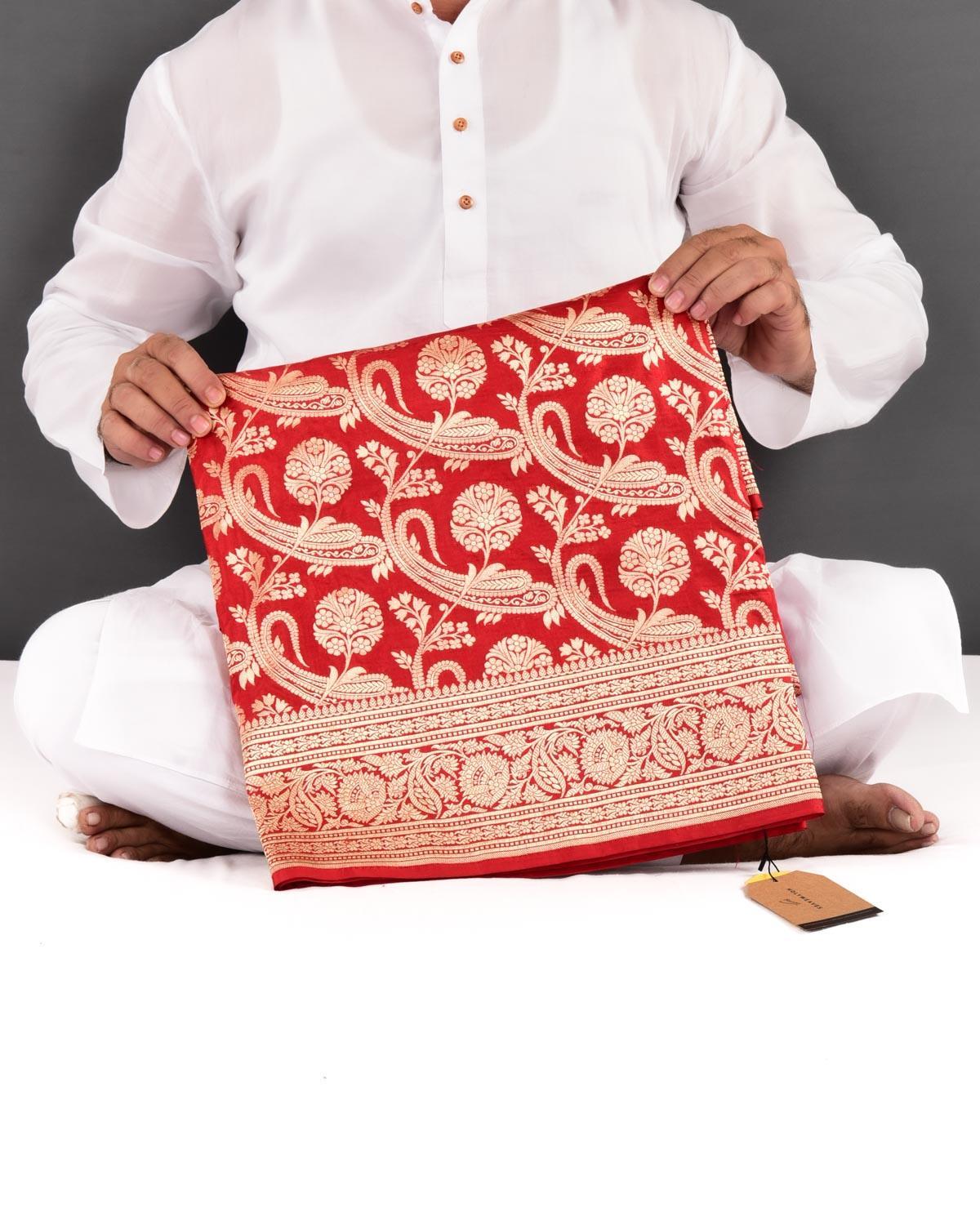 Bridal Red Banarasi Diagonal Paisleys Gold Zari Cutwork Brocade Handwoven Katan Silk Saree - By HolyWeaves, Benares