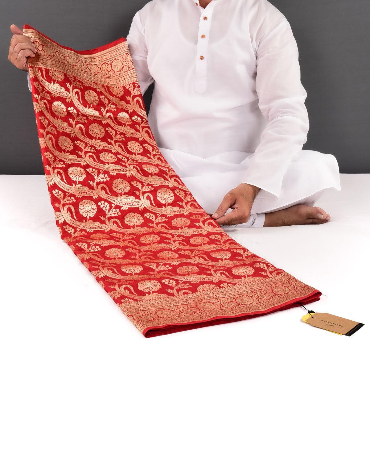 Bridal Red Banarasi Diagonal Paisleys Gold Zari Cutwork Brocade Handwoven Katan Silk Saree - By HolyWeaves, Benares