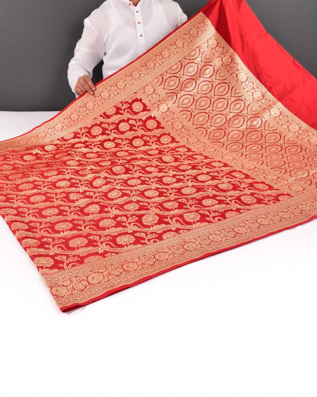 Bridal Red Banarasi Diagonal Paisleys Gold Zari Cutwork Brocade Handwoven Katan Silk Saree - By HolyWeaves, Benares