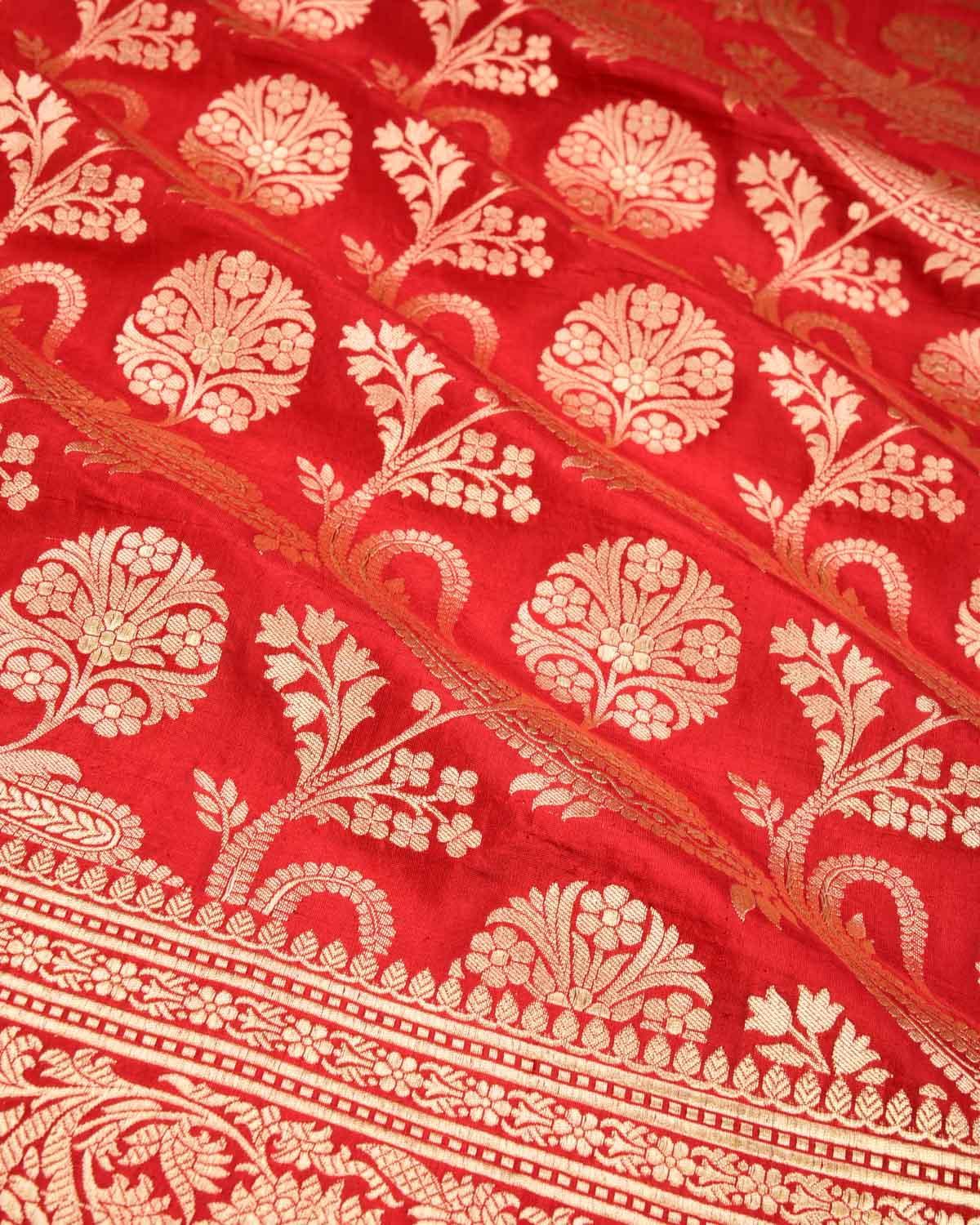Bridal Red Banarasi Diagonal Paisleys Gold Zari Cutwork Brocade Handwoven Katan Silk Saree - By HolyWeaves, Benares