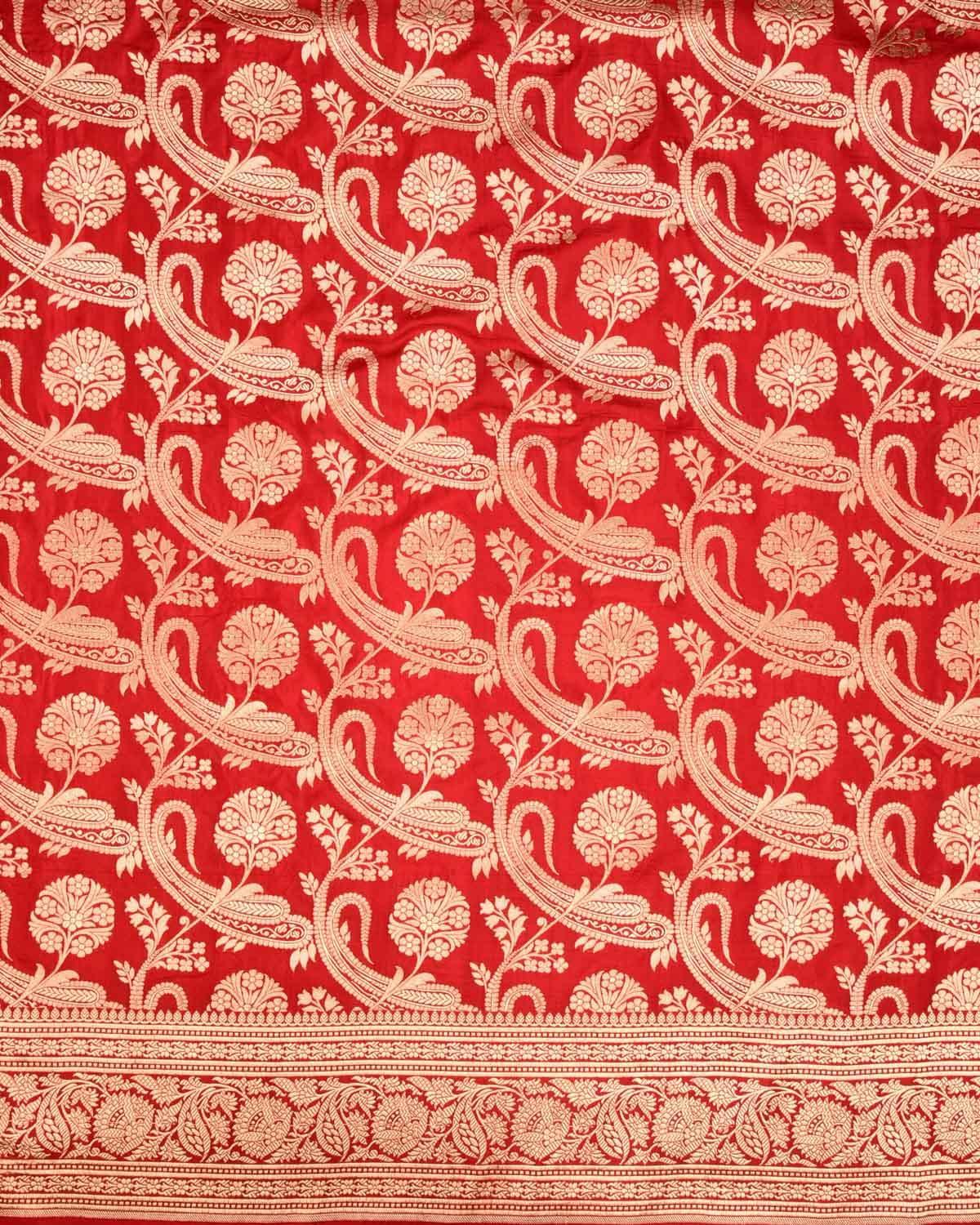 Bridal Red Banarasi Diagonal Paisleys Gold Zari Cutwork Brocade Handwoven Katan Silk Saree - By HolyWeaves, Benares