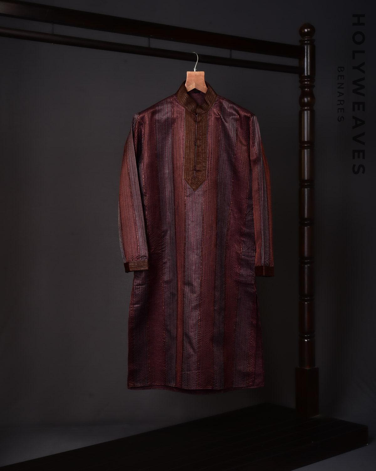 Brown Pintuck Art Silk Mens Kurta Pyjama - By HolyWeaves, Benares