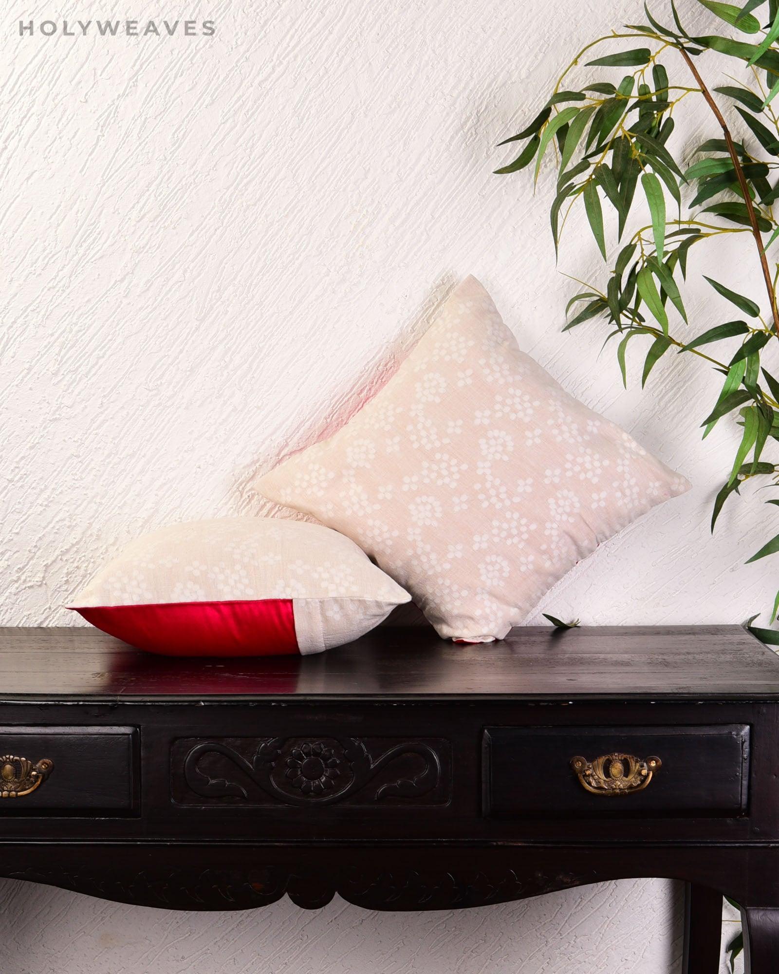 Cream Banarasi Cutwork Brocade Cotton Silk Cushion Cover 16" - By HolyWeaves, Benares