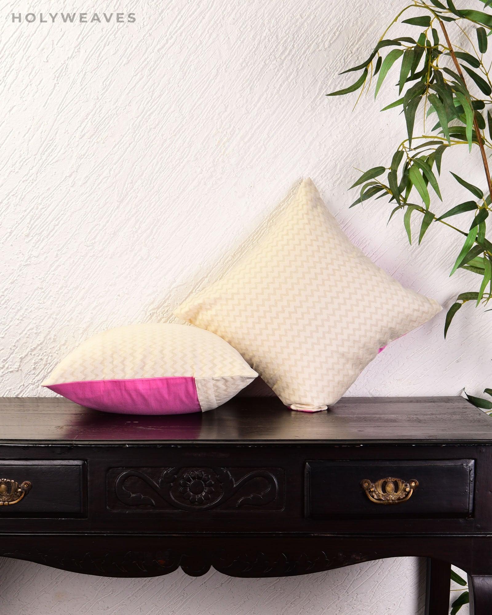 Cream Banarasi Cutwork Brocade Cotton Silk Cushion Cover 16" - By HolyWeaves, Benares