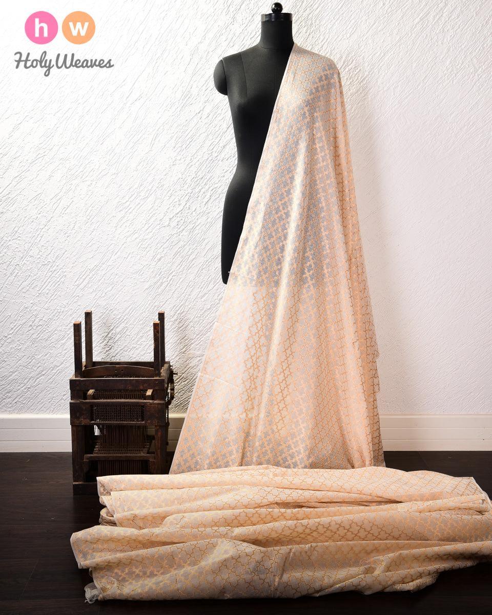 Cream Banarasi Cutwork Brocade Handwoven Cotton Silk Fabric - By HolyWeaves, Benares