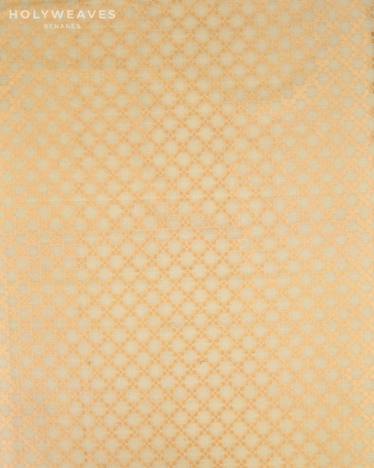 Cream Banarasi Gold Zari Jangla Cutwork Brocade Handwoven Cotton Silk Fabric - By HolyWeaves, Benares