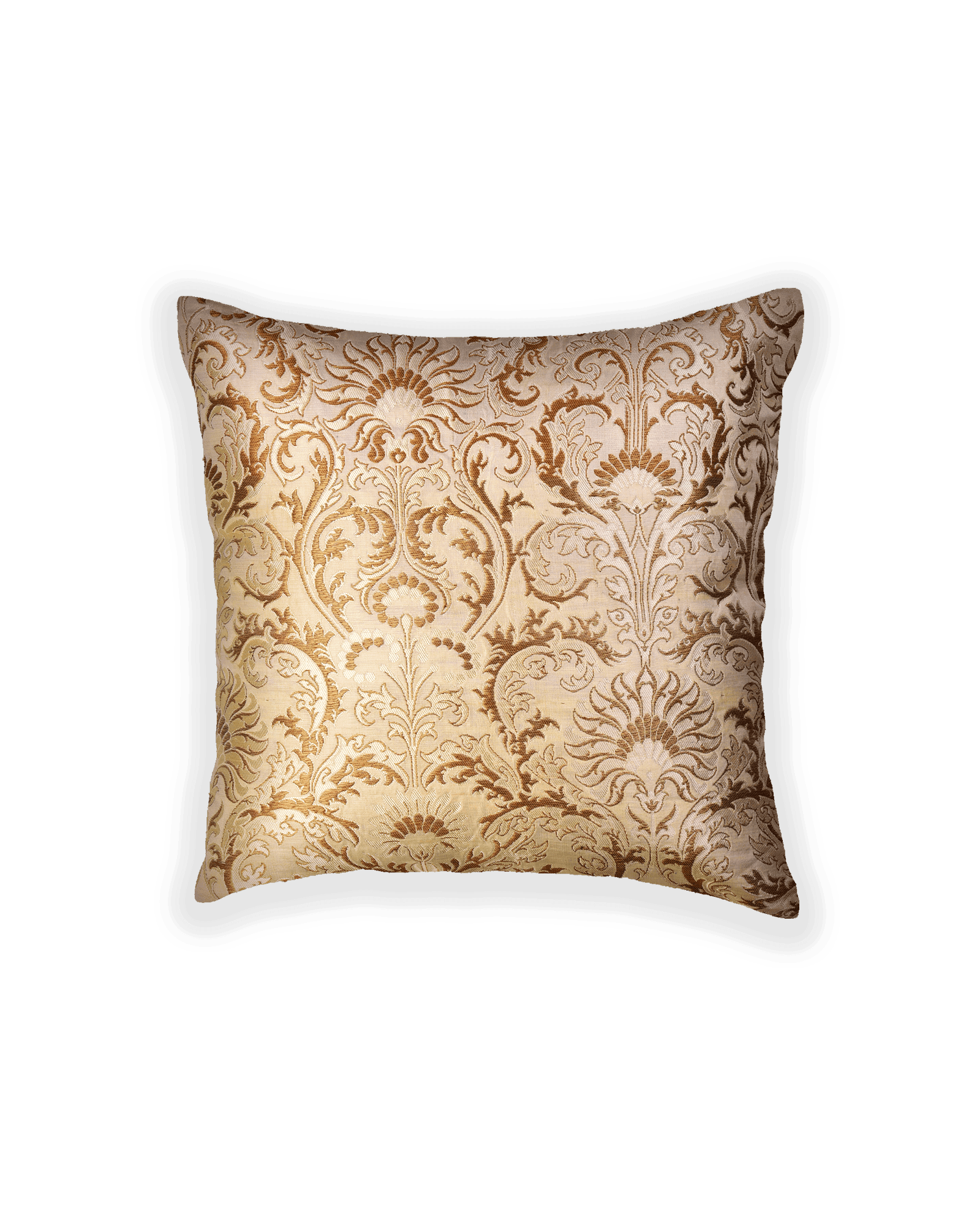 Cream Banarasi Kimkhwab Brocade Poly Silk Cushion Cover 16" - By HolyWeaves, Benares