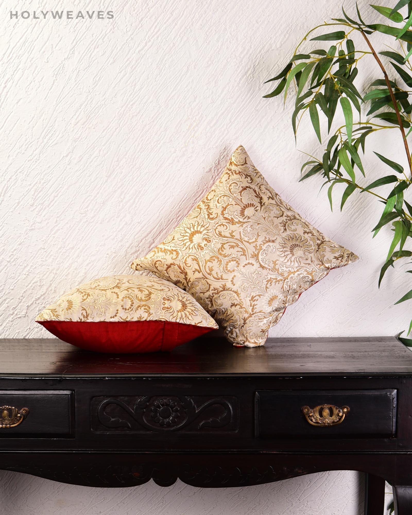 Cream Banarasi Kimkhwab Brocade Poly Silk Cushion Cover 16" - By HolyWeaves, Benares