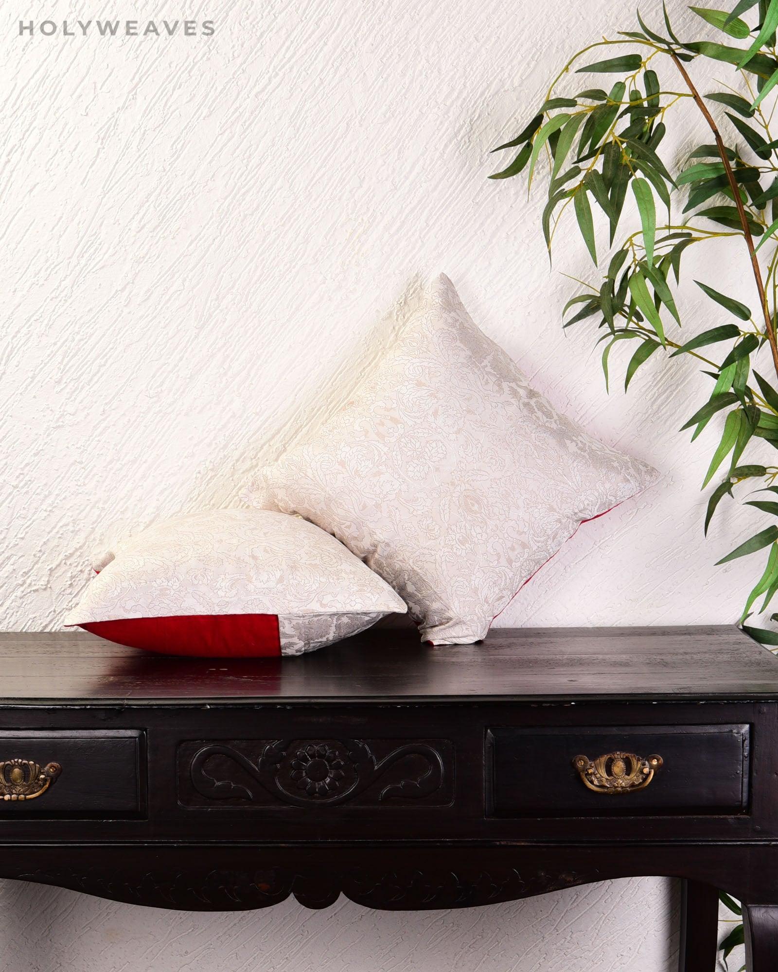 Cream Banarasi Kimkhwab Brocade Poly Silk Cushion Cover 16" - By HolyWeaves, Benares