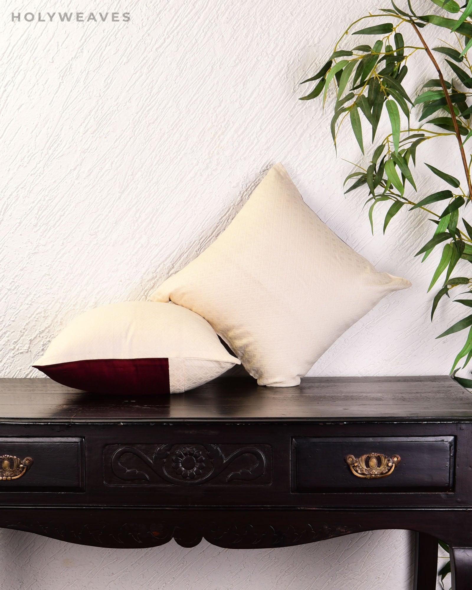 Cream Banarasi Tanchoi Poly Cotton Cushion Cover 16" - By HolyWeaves, Benares