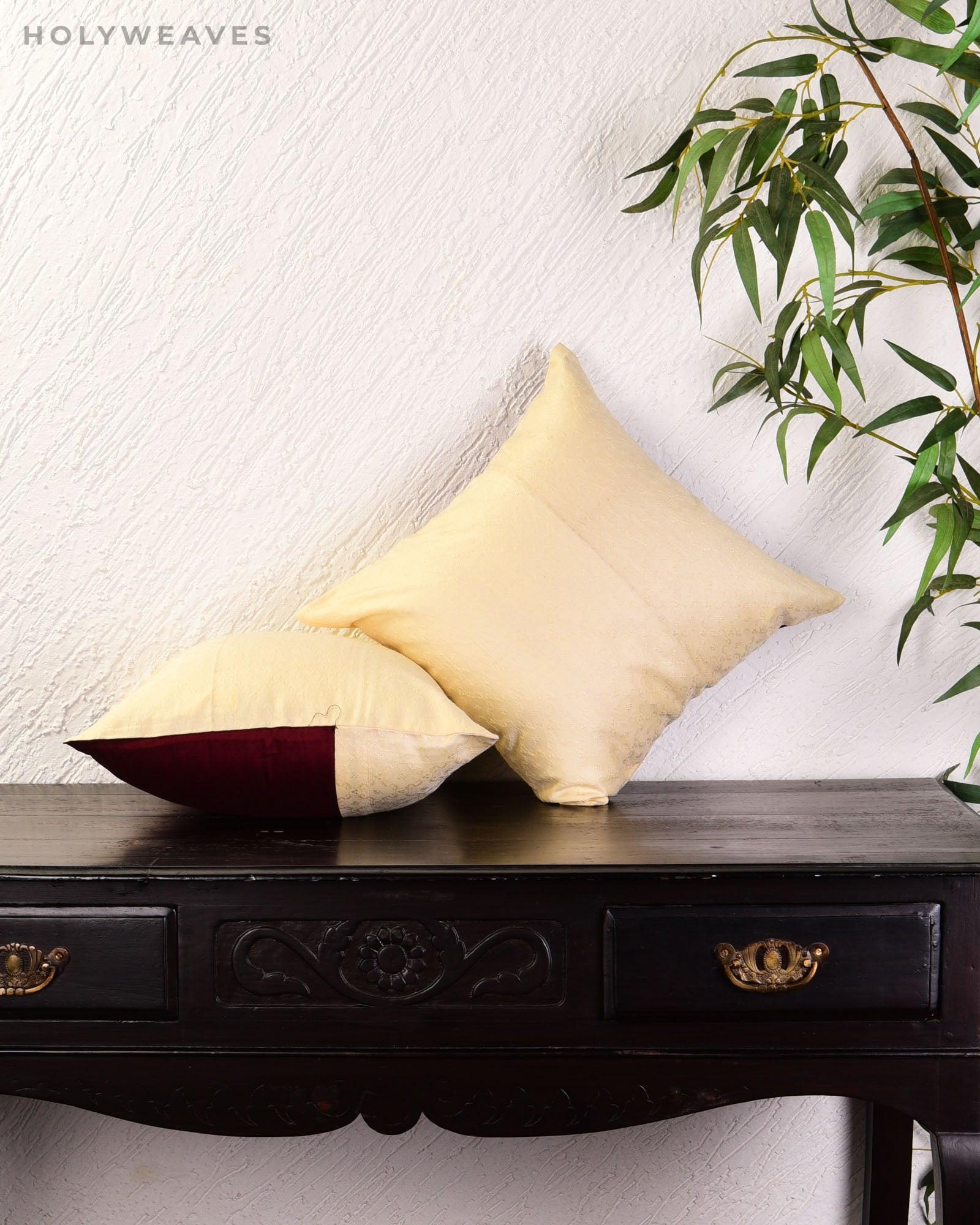 Cream Banarasi Tanchoi Poly Cotton Cushion Cover 16" - By HolyWeaves, Benares