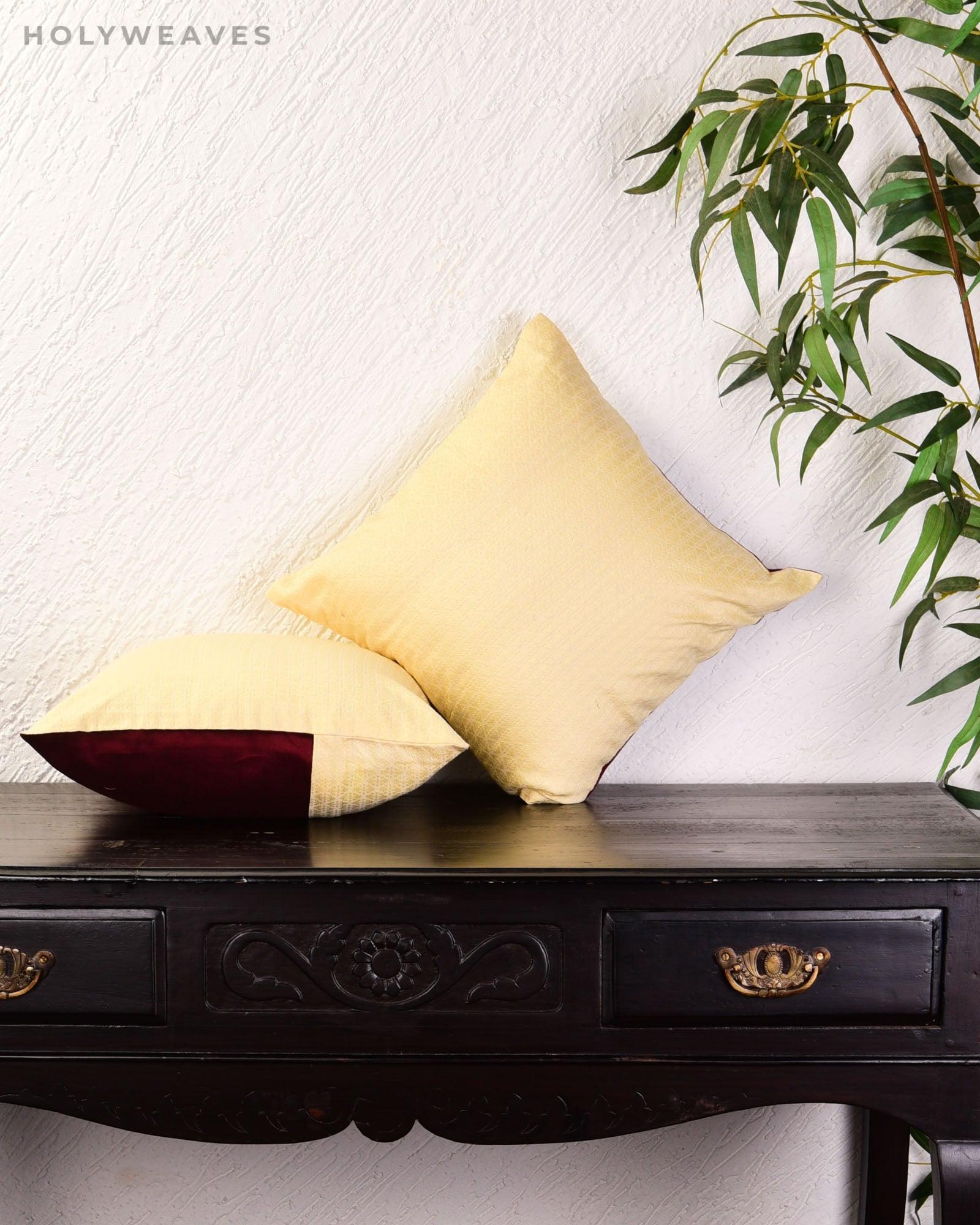 Cream Banarasi Tanchoi Poly Cotton Cushion Cover 16" - By HolyWeaves, Benares