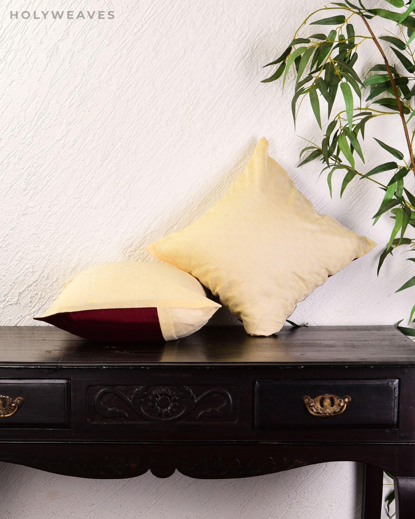 Cream Banarasi Tanchoi Poly Cotton Cushion Cover 16" - By HolyWeaves, Benares