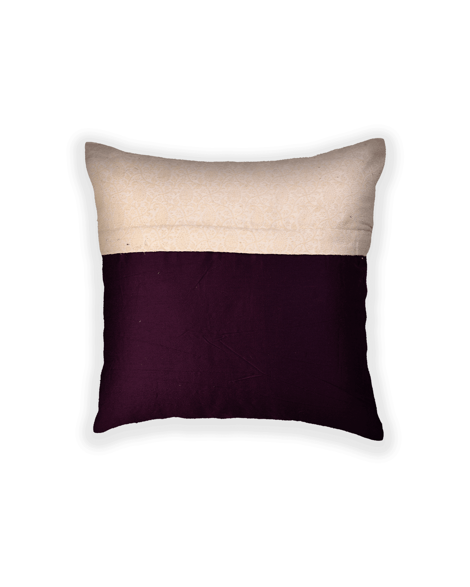 Cream Banarasi Tanchoi Silk Noile Cushion Cover 16" - By HolyWeaves, Benares