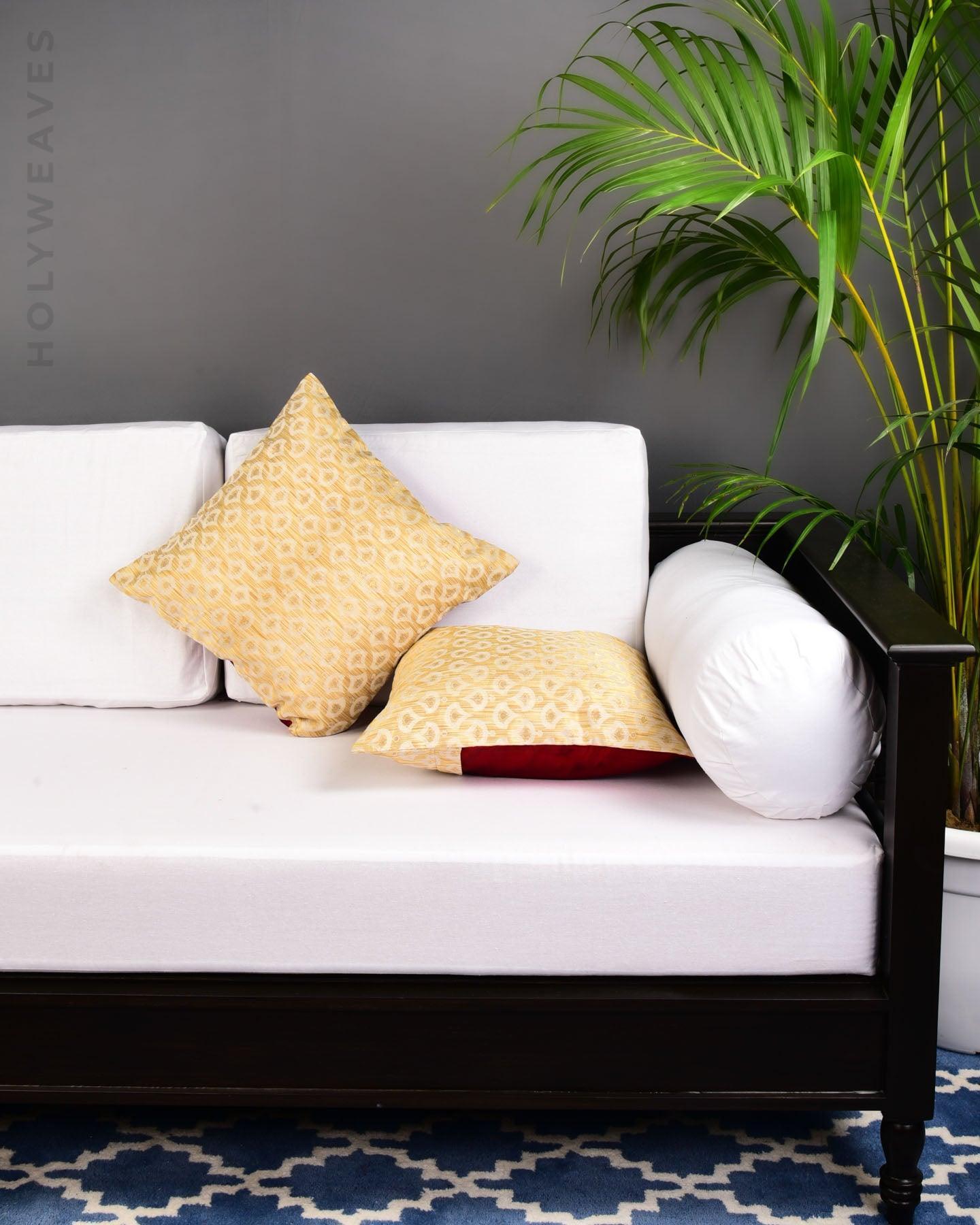 Cream Brocade Woven Poly Cotton Cushion Cover 16" - By HolyWeaves, Benares