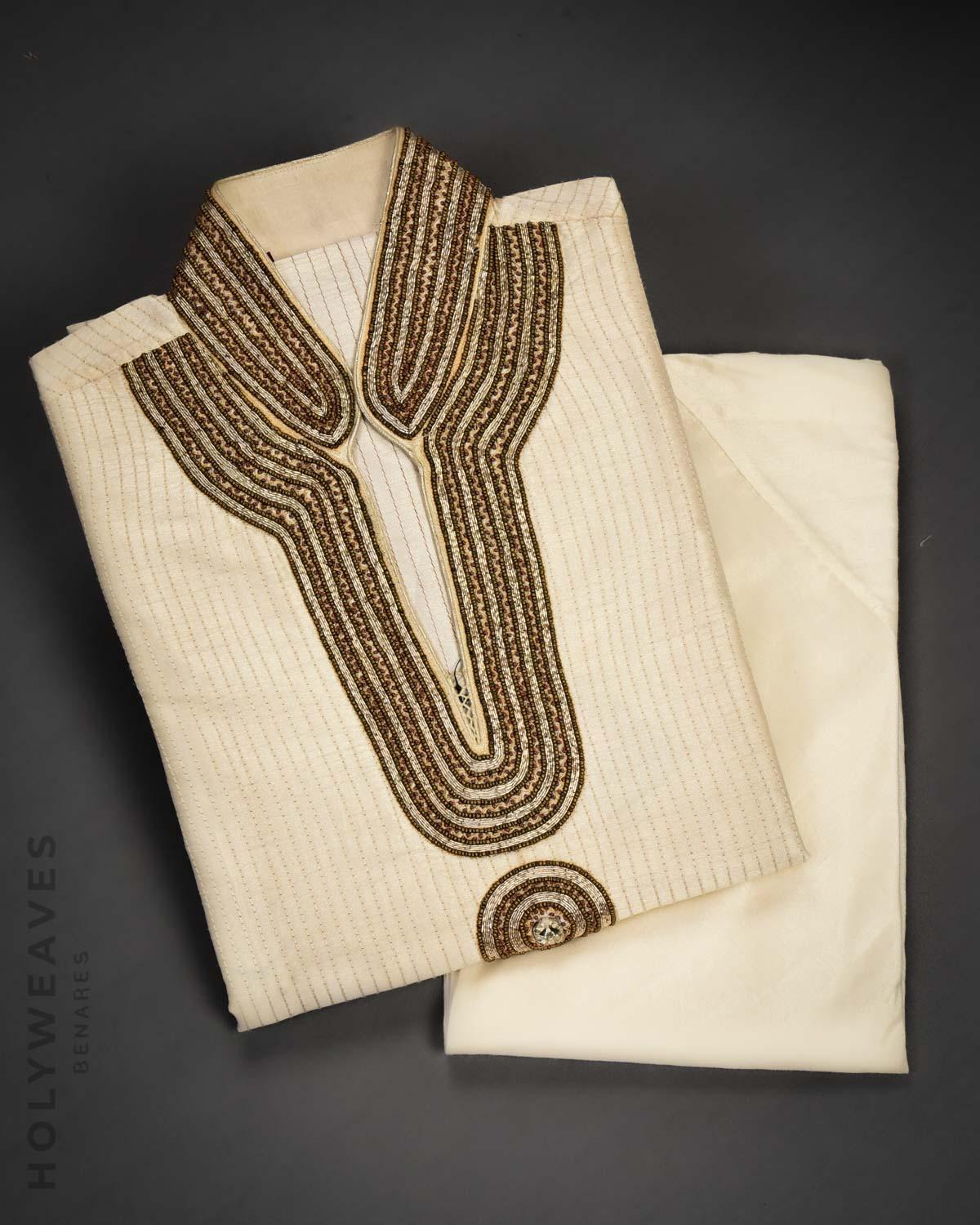 Cream Hand-embroidered Art Silk Mens Kurta Pyjama - By HolyWeaves, Benares