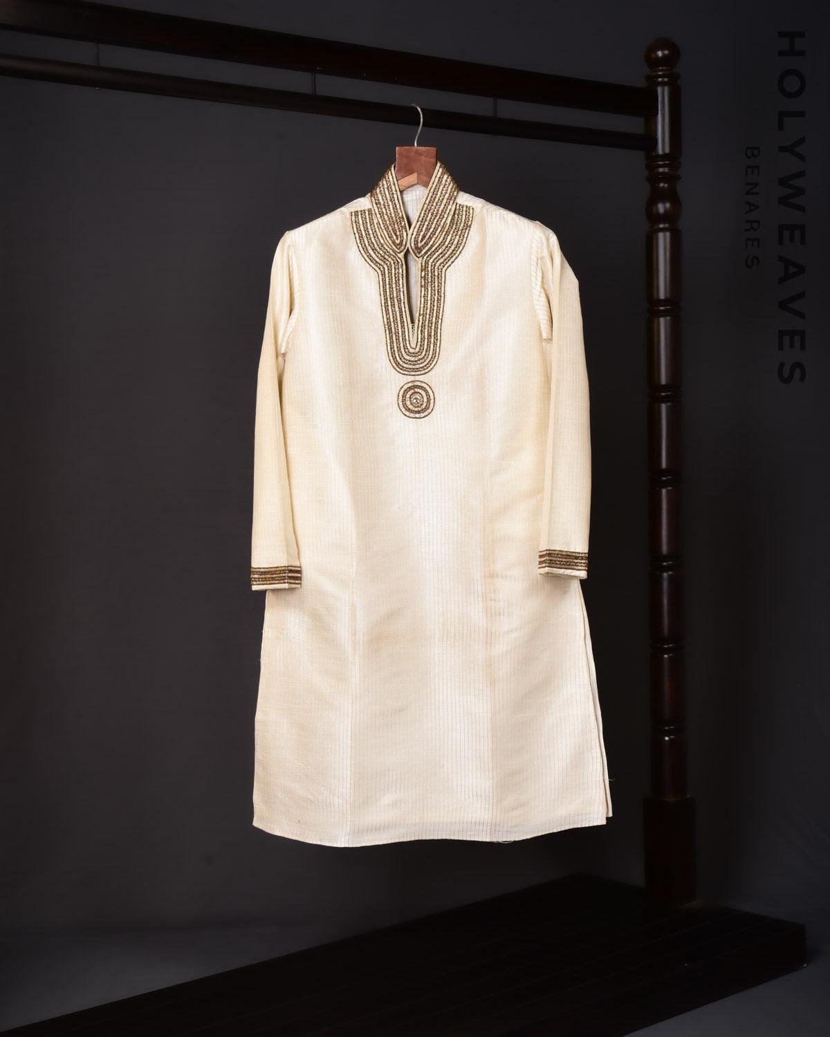 Cream Hand-embroidered Art Silk Mens Kurta Pyjama - By HolyWeaves, Benares