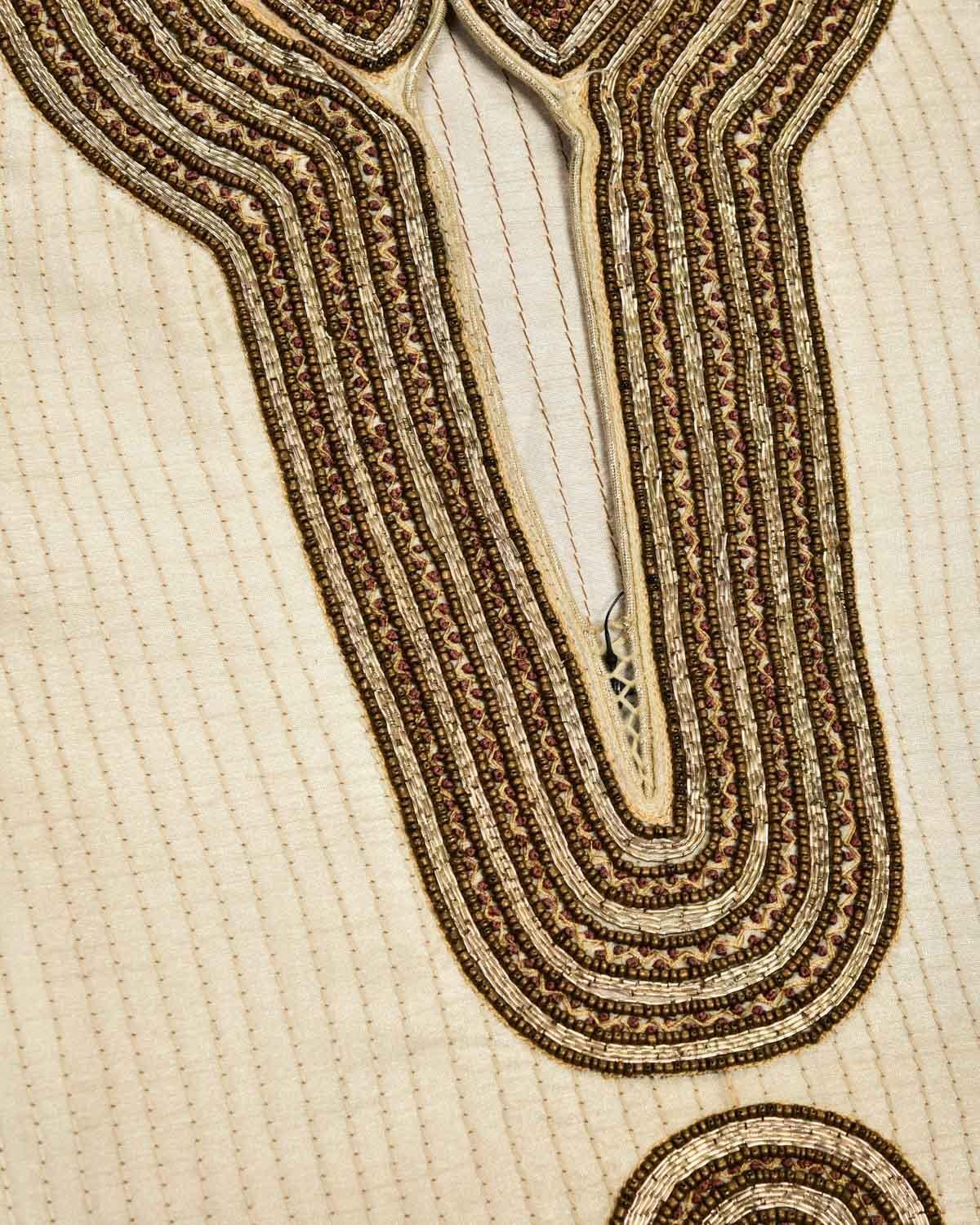 Cream Hand-embroidered Art Silk Mens Kurta Pyjama - By HolyWeaves, Benares