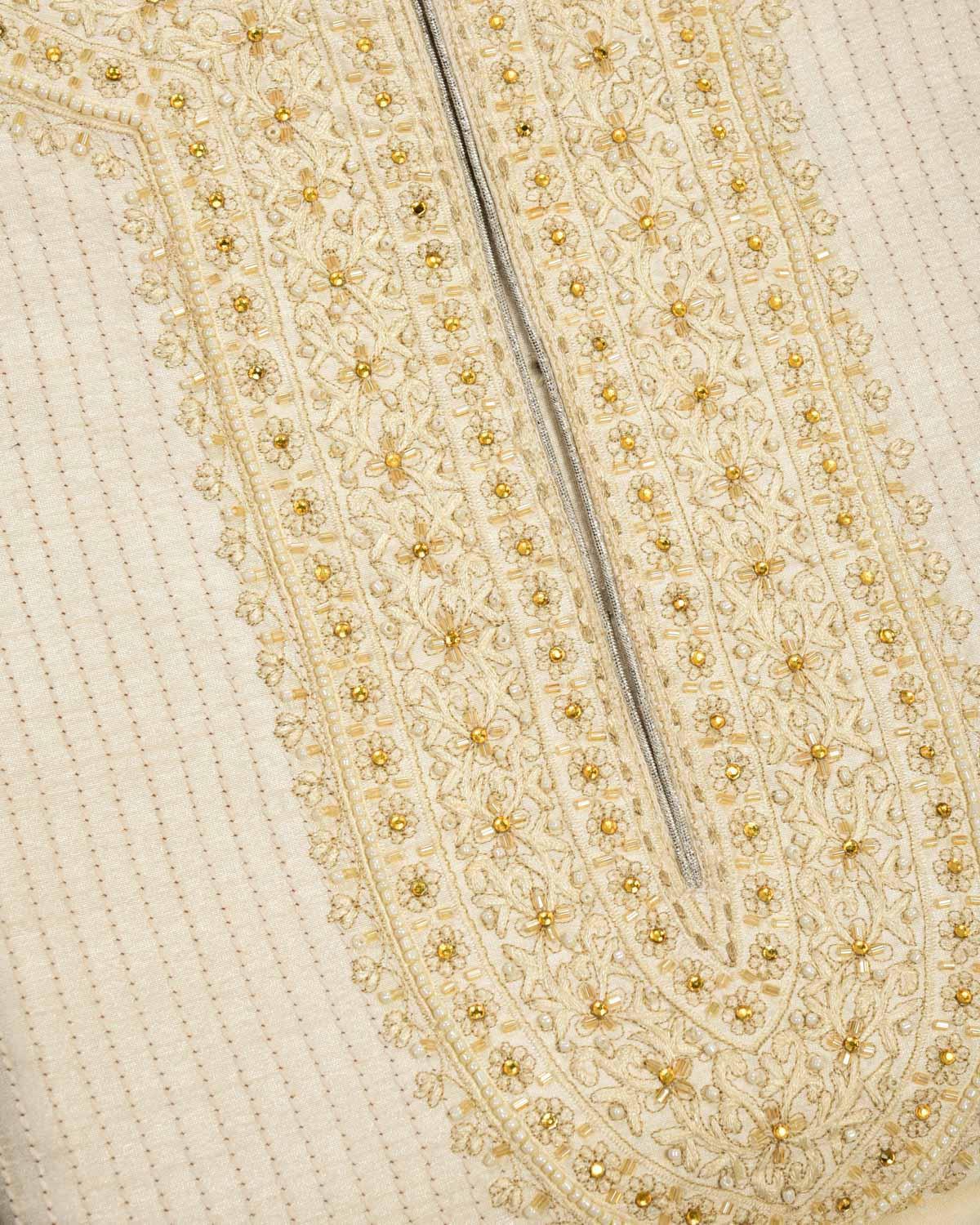 Cream Hand-embroidered Art Silk Mens Kurta Pyjama - By HolyWeaves, Benares