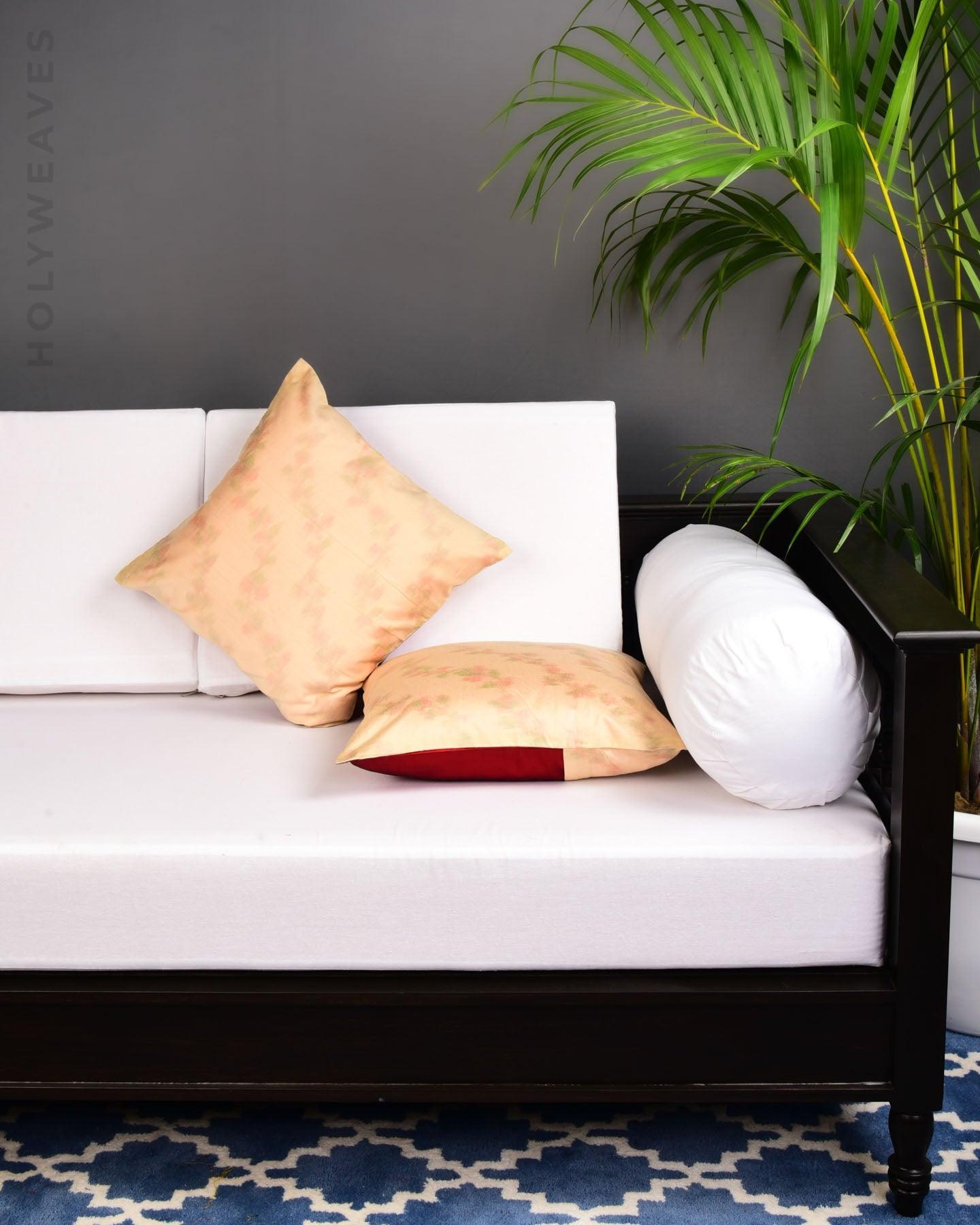 Cream Ikat Woven Cotton Silk Cushion Cover 16" - By HolyWeaves, Benares