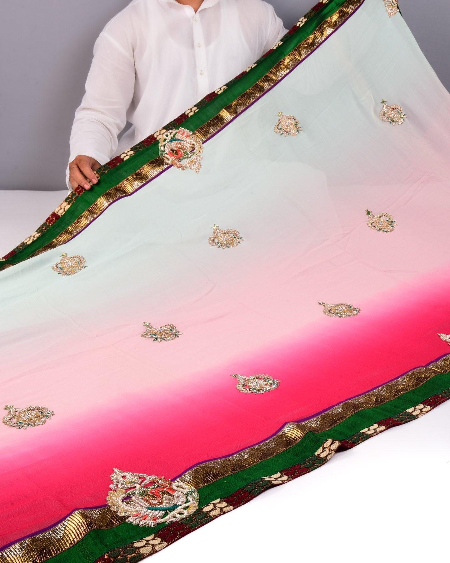 Cream-Pink Hand-embroidered Georgette Saree - By HolyWeaves, Benares