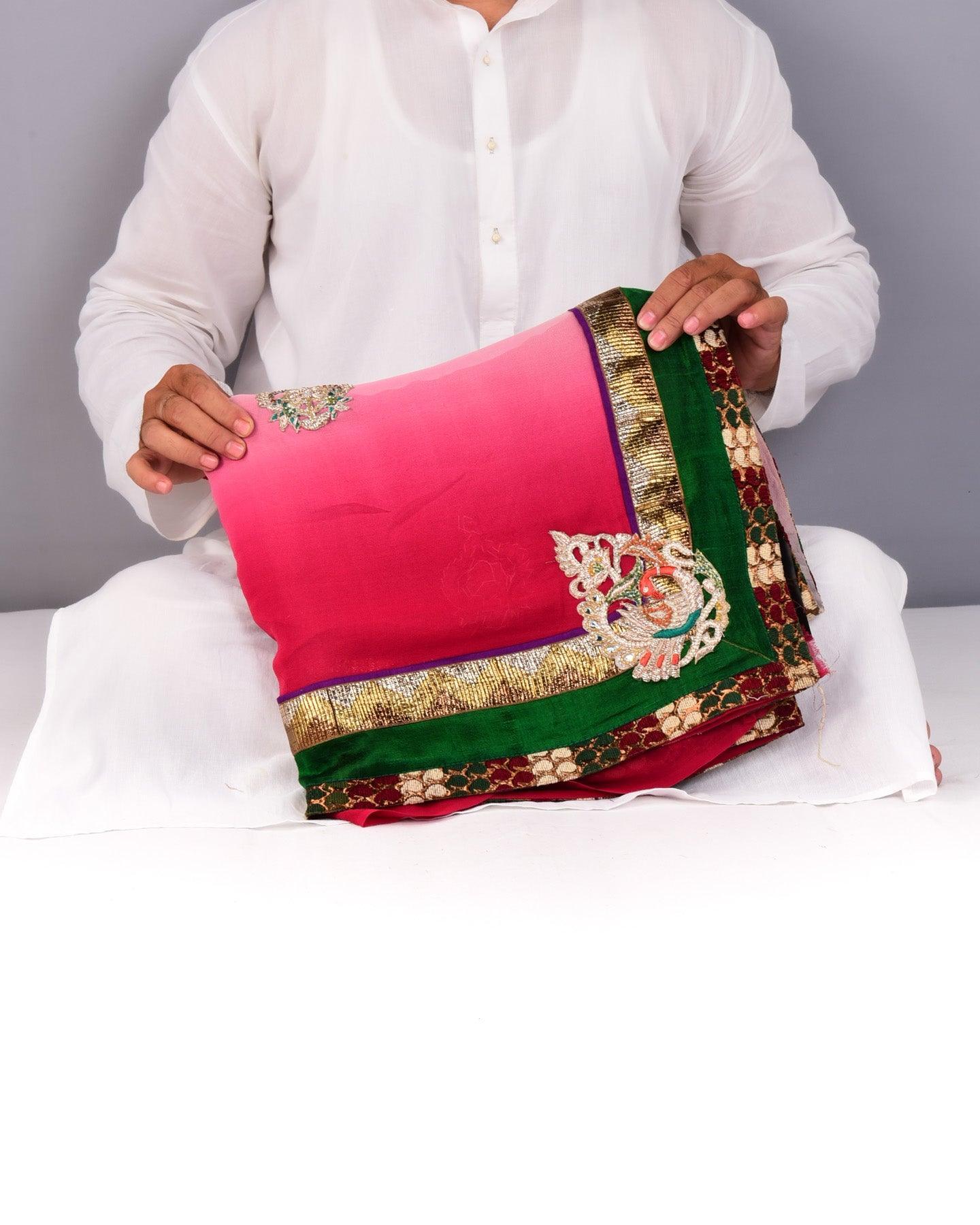 Cream-Pink Hand-embroidered Georgette Saree - By HolyWeaves, Benares