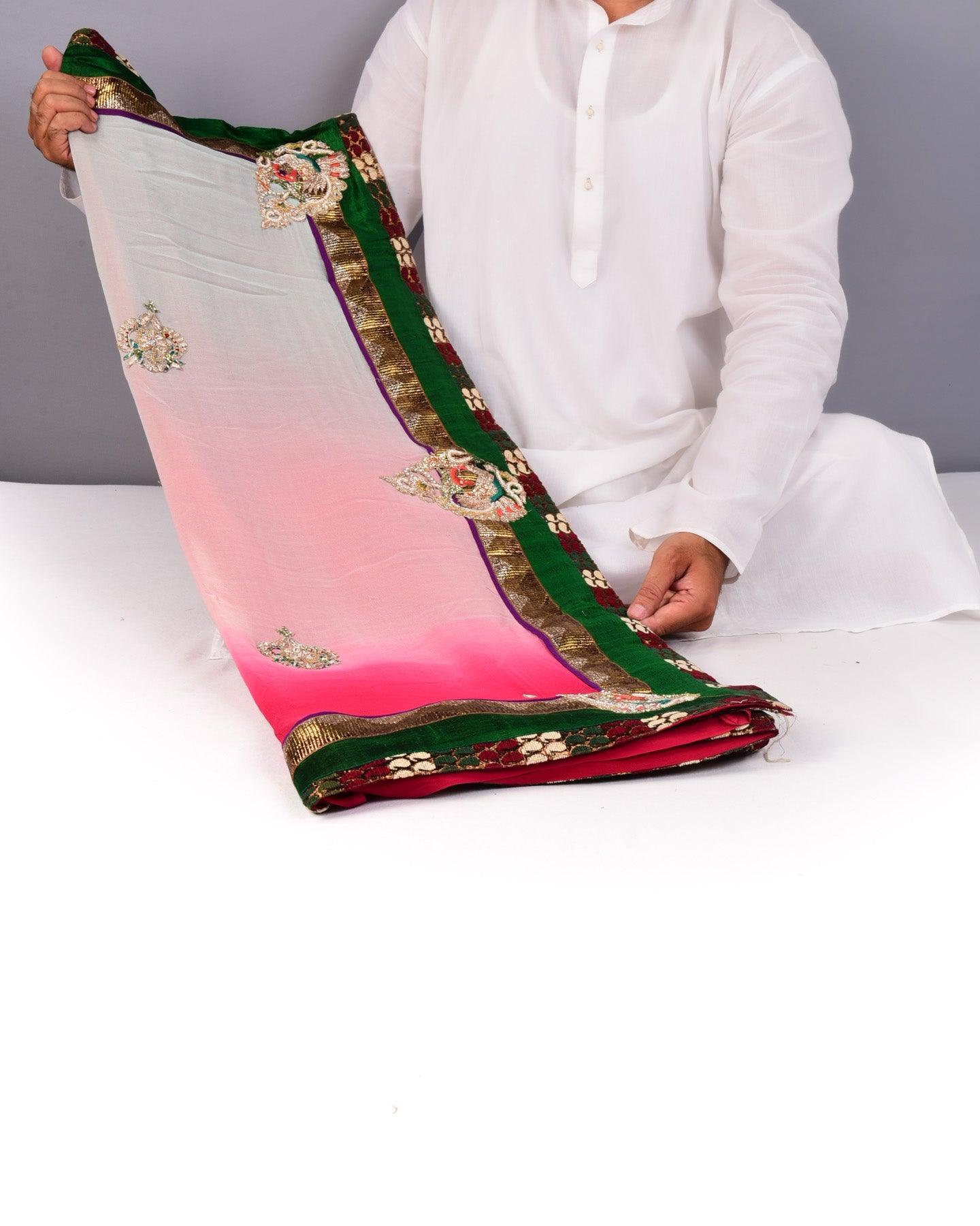 Cream-Pink Hand-embroidered Georgette Saree - By HolyWeaves, Benares