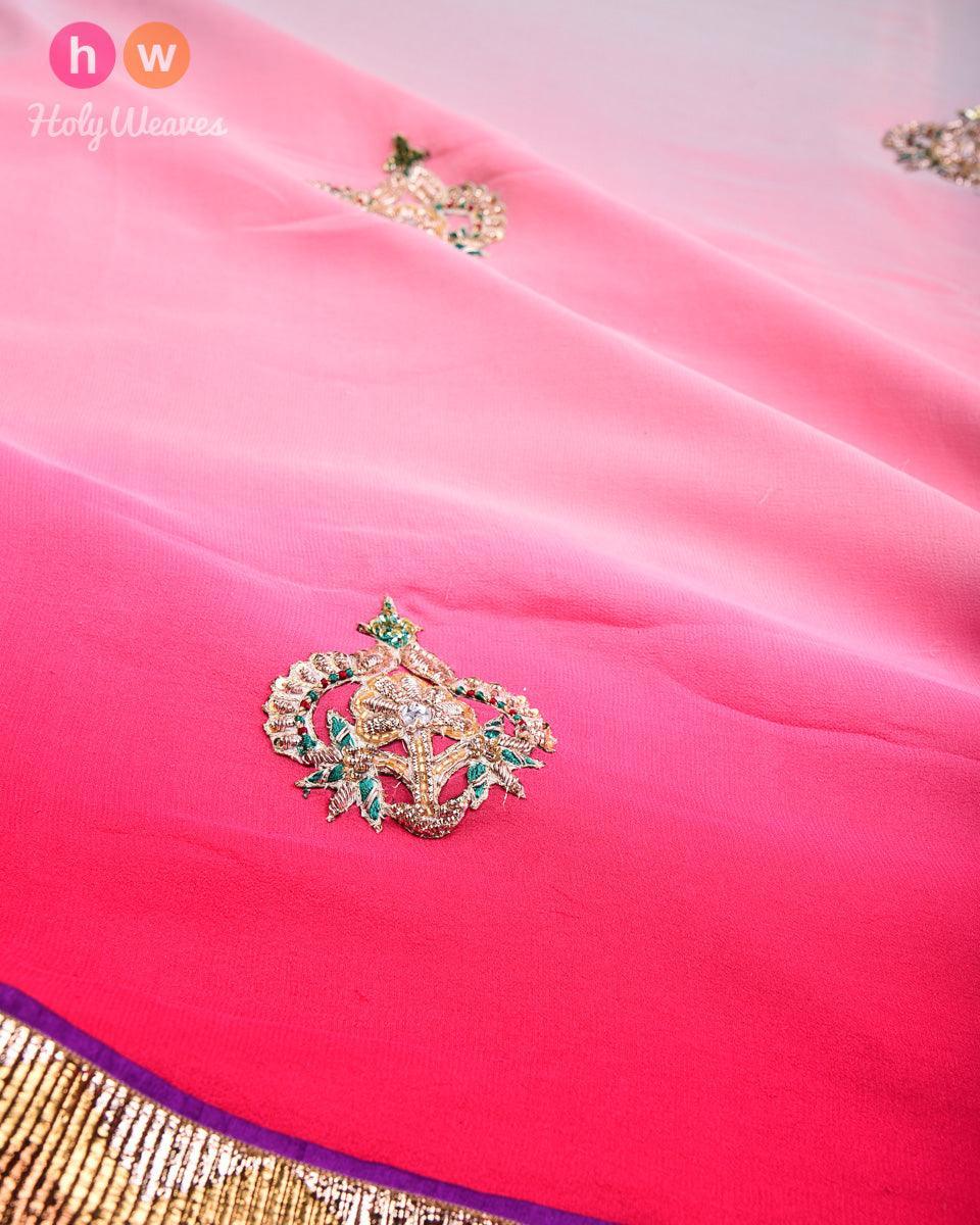 Cream-Pink Hand-embroidered Georgette Saree - By HolyWeaves, Benares