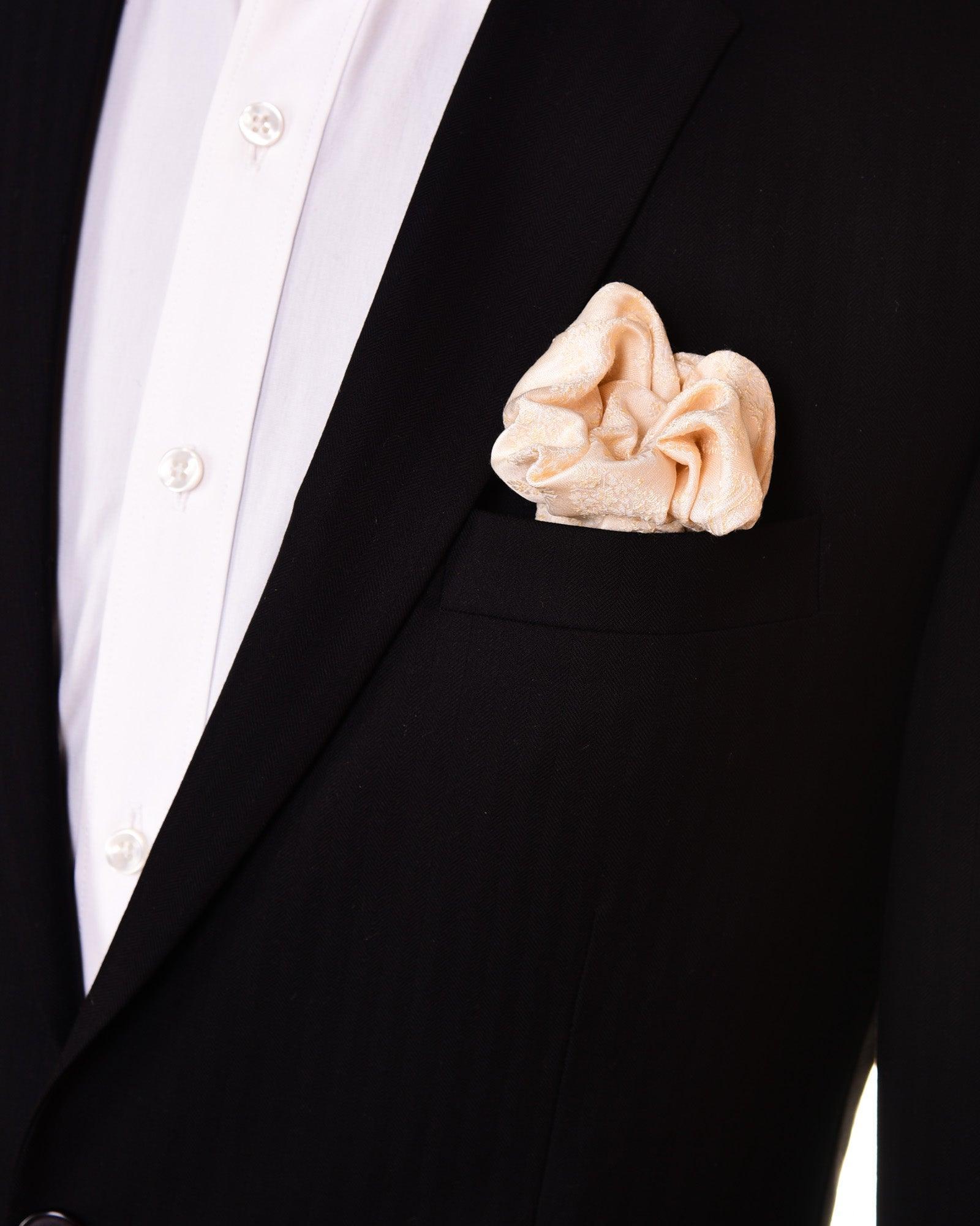 Cream Tanchoi Handwoven Pure Silk Cotton Pocket Square For Men - By HolyWeaves, Benares