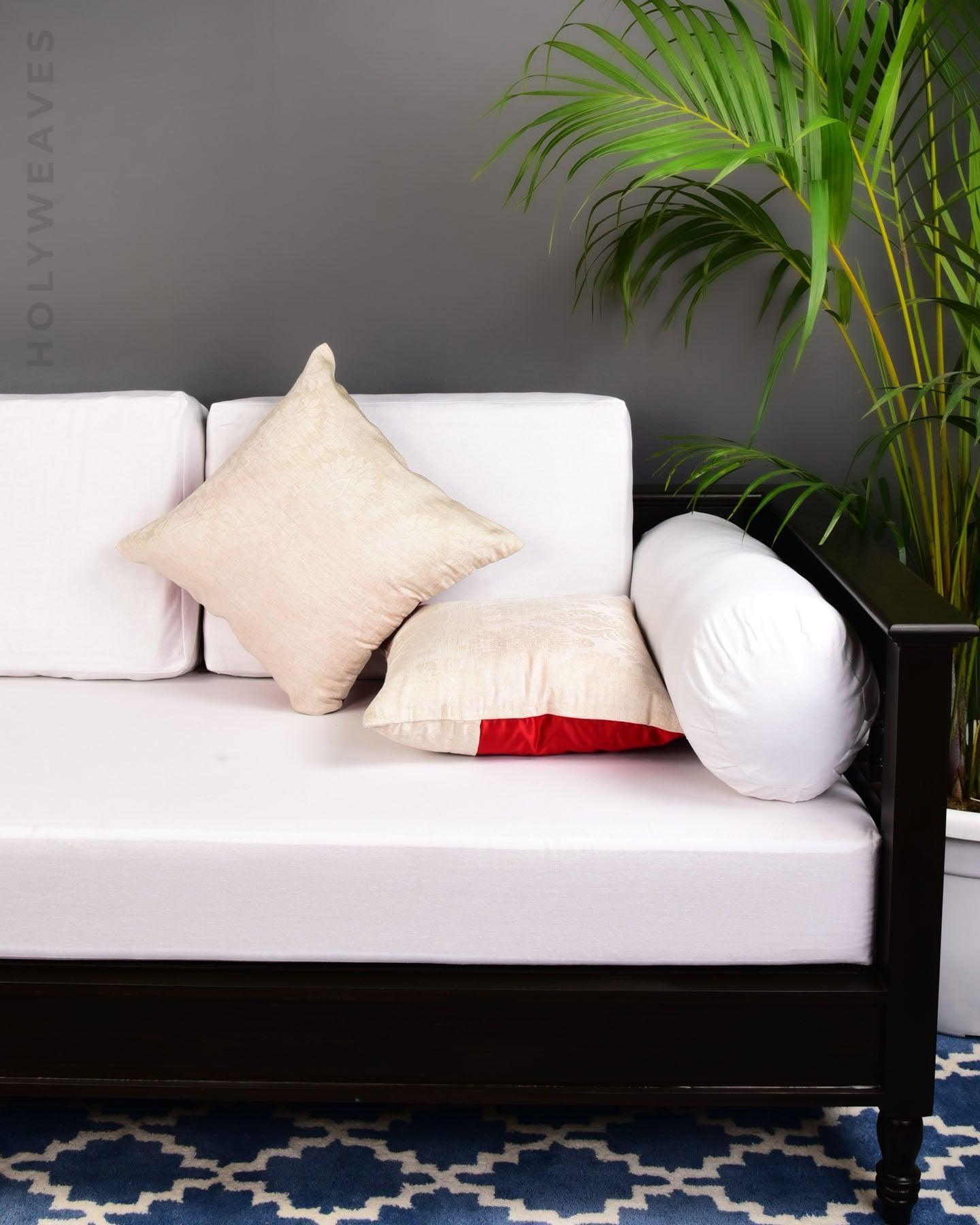 Cream Tanchoi Woven Linen Silk Cushion Cover with Satin Back 16" - By HolyWeaves, Benares