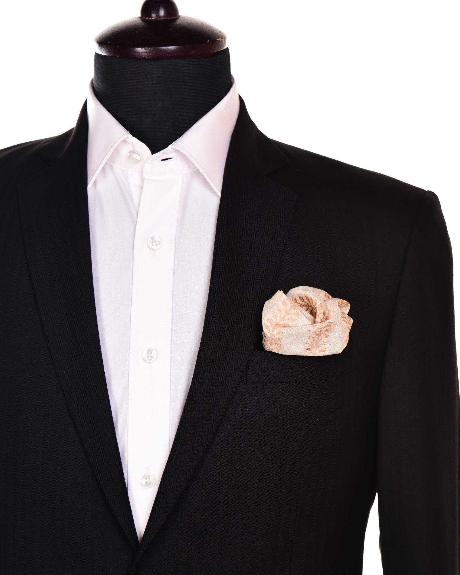 Cream Zari Brocade Handwoven Pure Silk Pocket Square For Men - By HolyWeaves, Benares