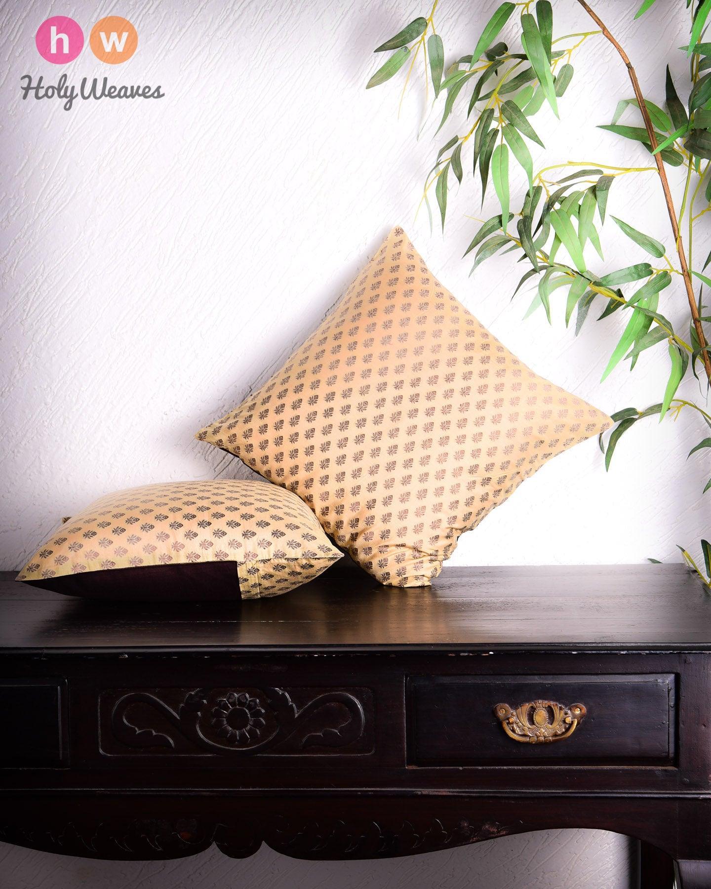 Ekru Handloom Banarasi Antique Buti Cotton Silk Cushion Cover 16" - By HolyWeaves, Benares