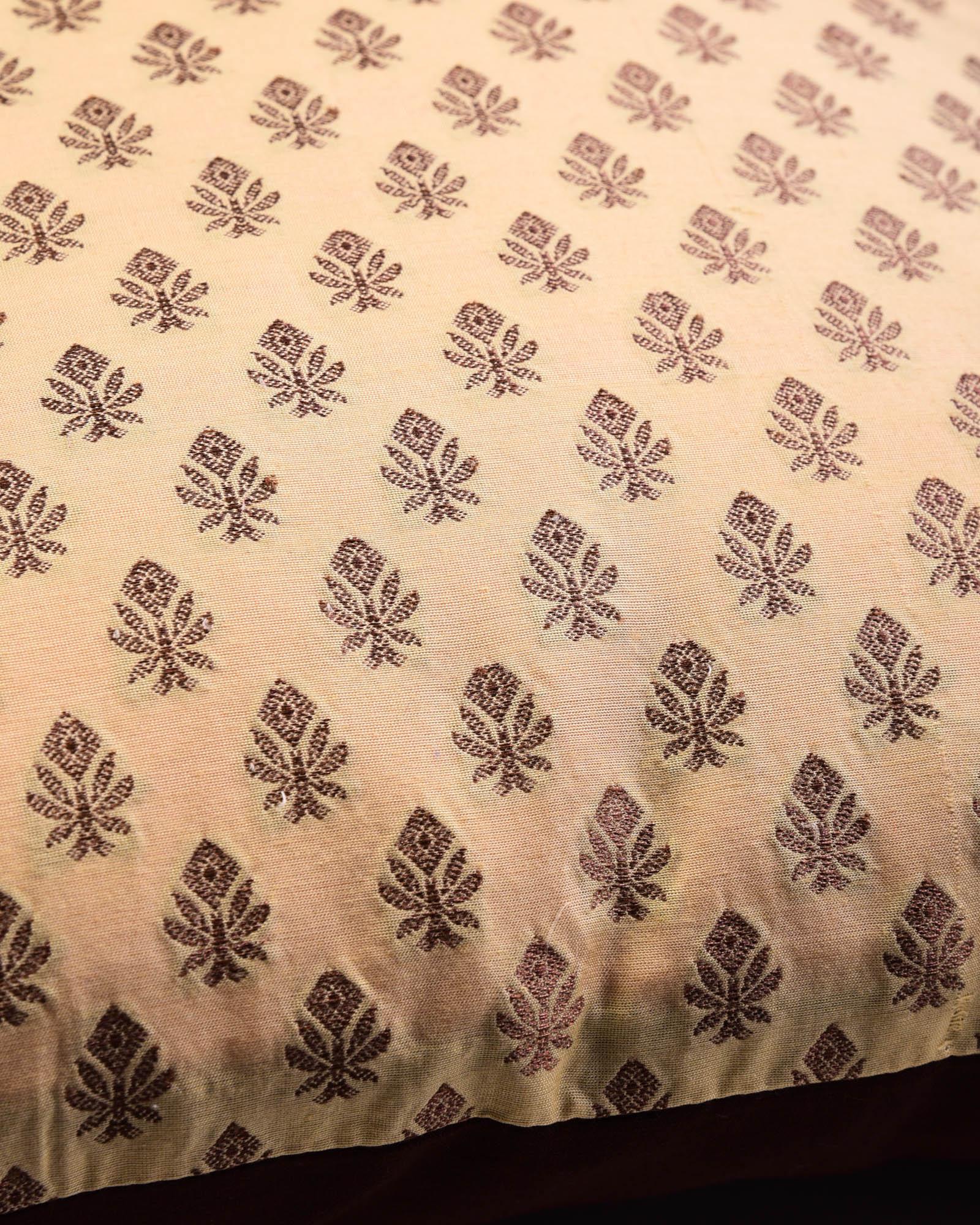 Ekru Handloom Banarasi Antique Buti Cotton Silk Cushion Cover 16" - By HolyWeaves, Benares