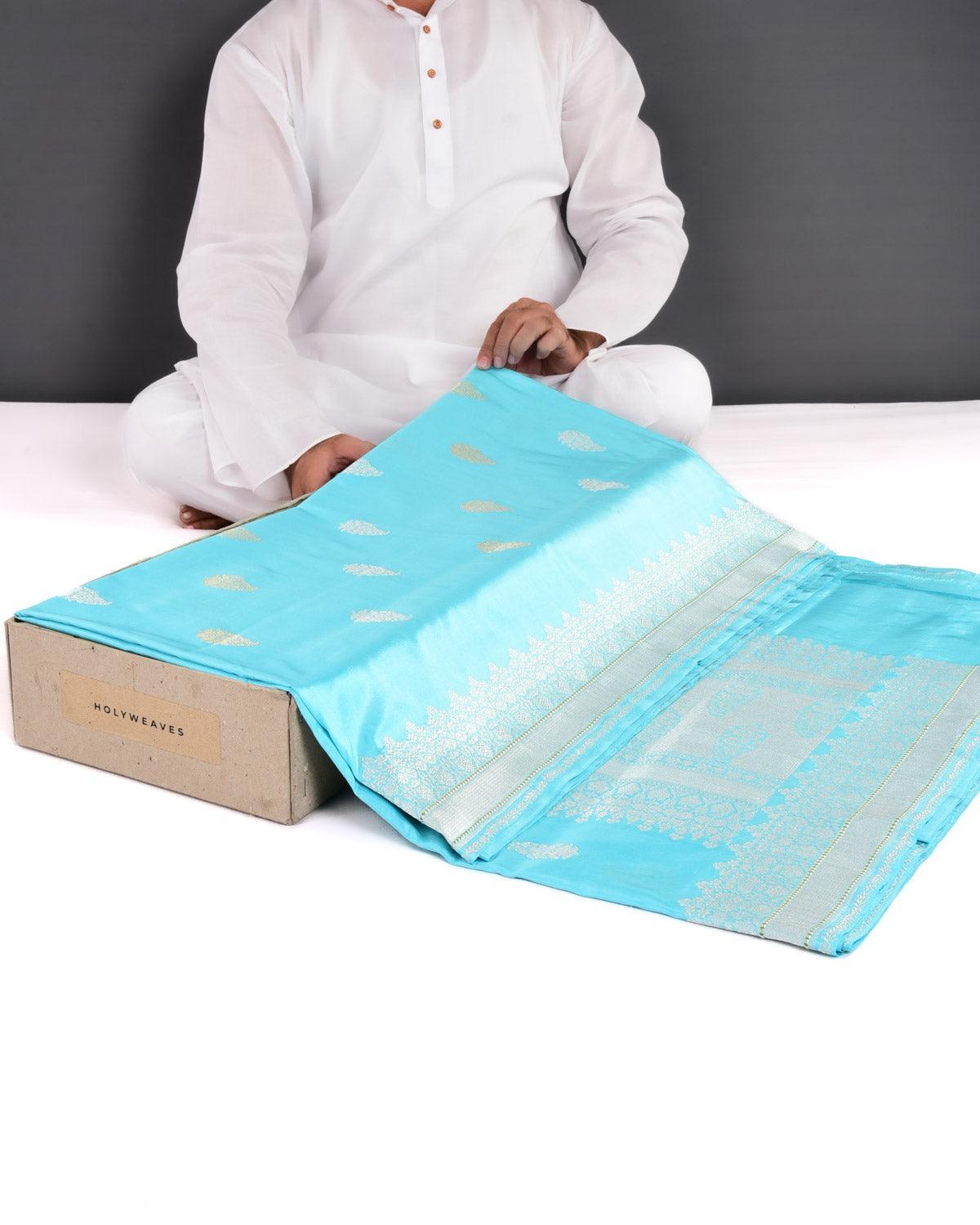 Ferozi Banarasi Gold & Silver Zari Buti Kadhuan Brocade Handwoven Katan Silk Saree - By HolyWeaves, Benares
